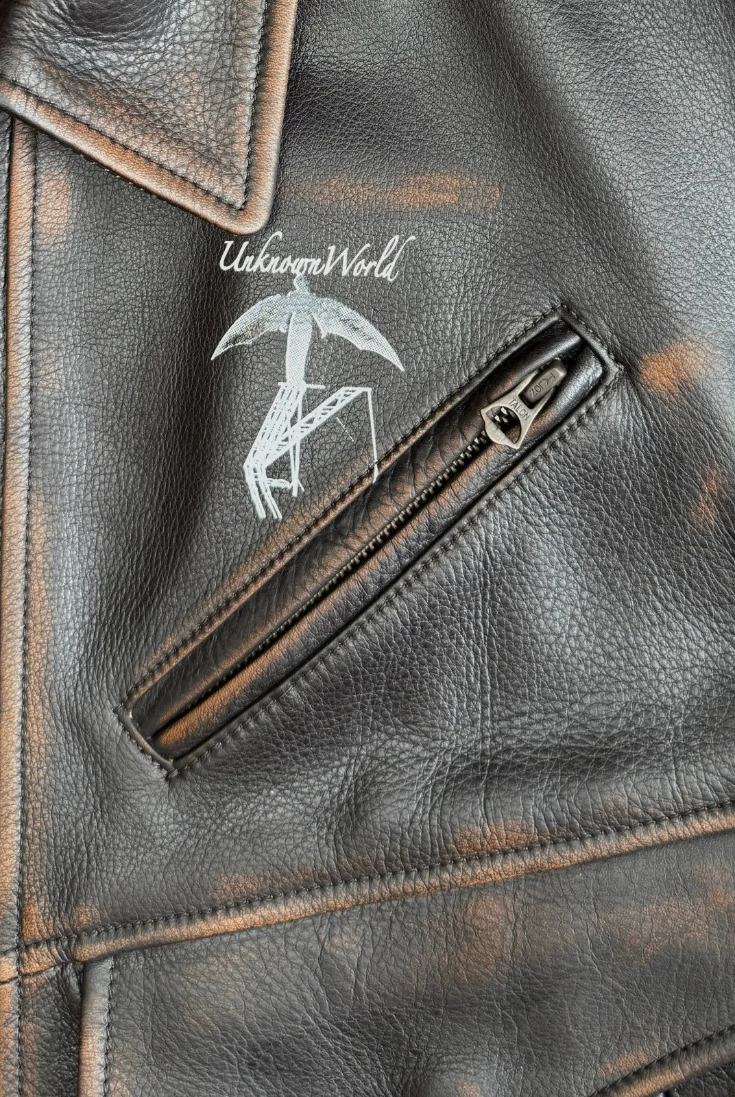 UNKNOWNWORLD Distressed Cowhide Flight Jacket in Brown - Detail