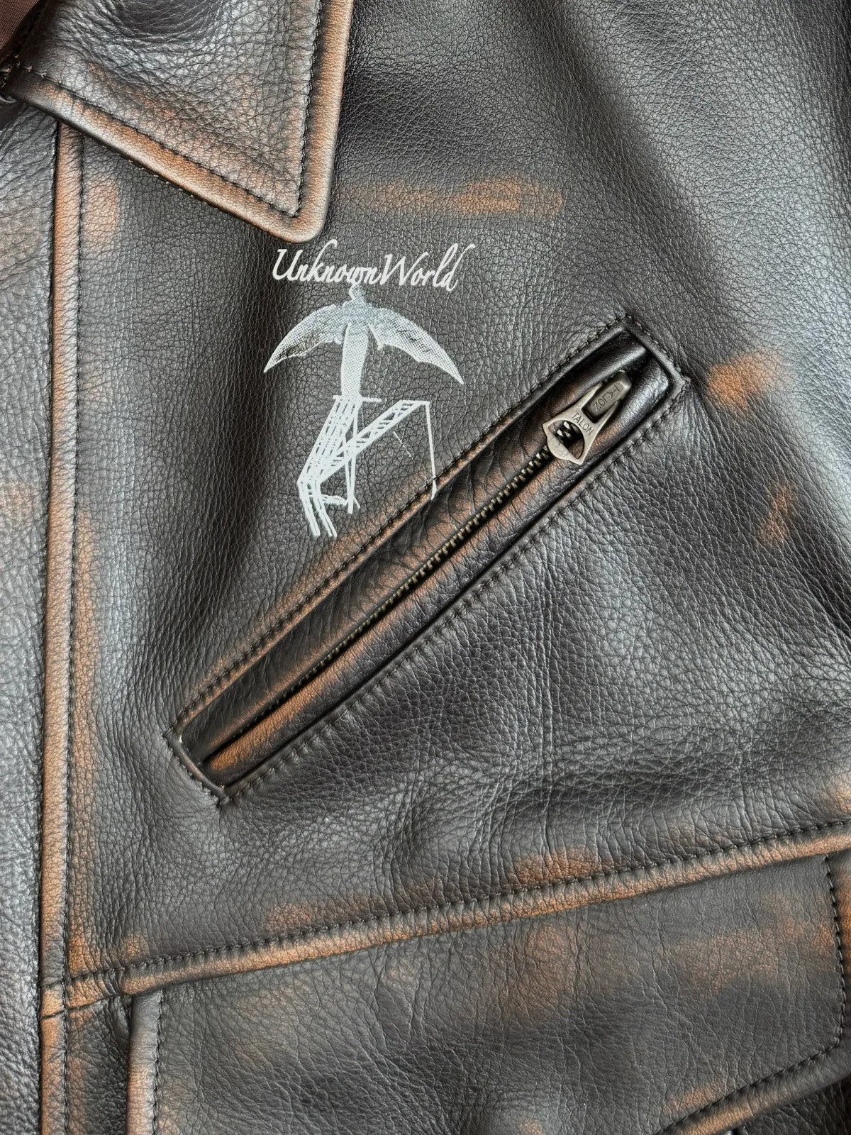 UNKNOWNWORLD Distressed Cowhide Flight Jacket in Brown - Detail