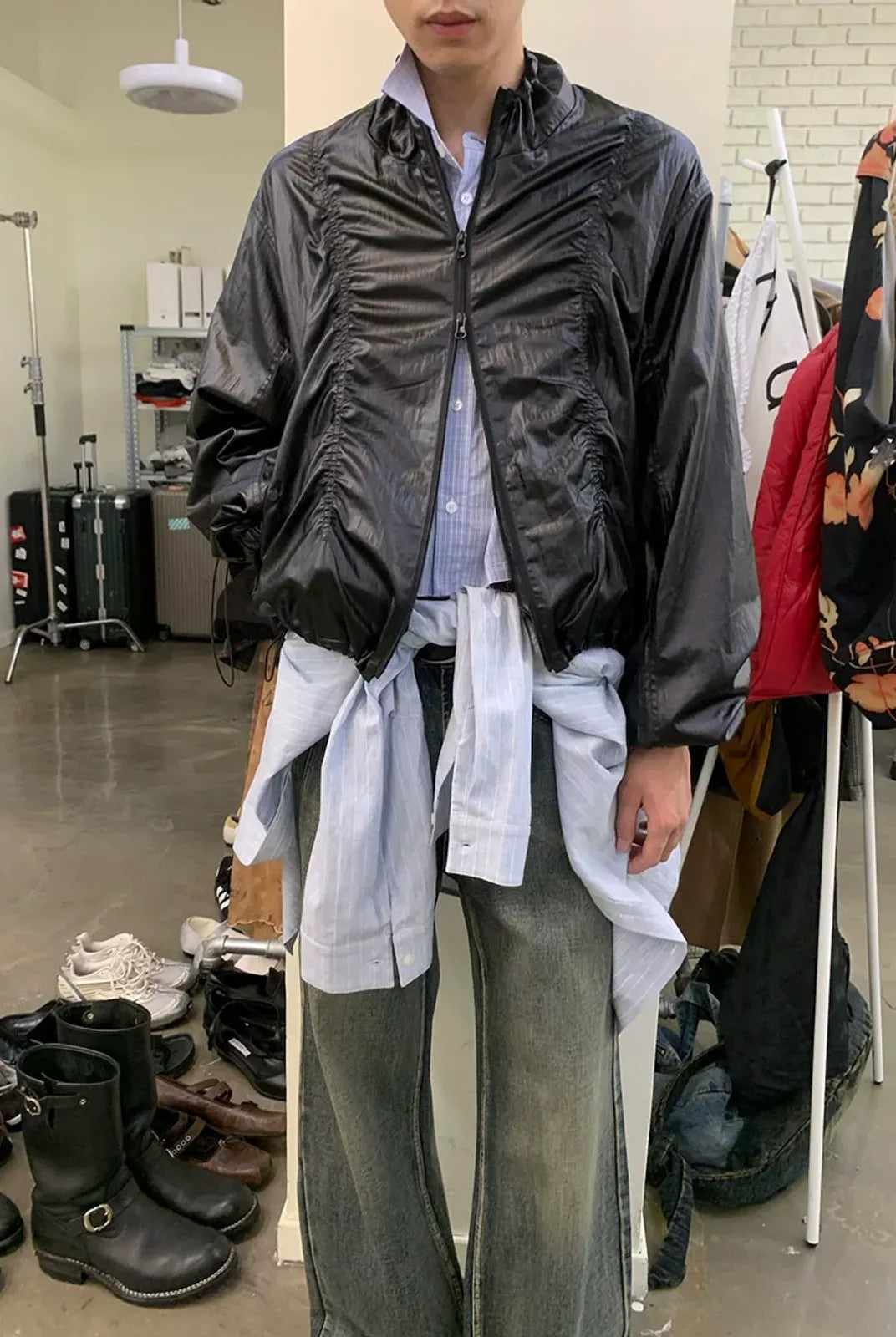 NeverSeez Glossy Ruched Tencel Windbreaker in Black - On Model