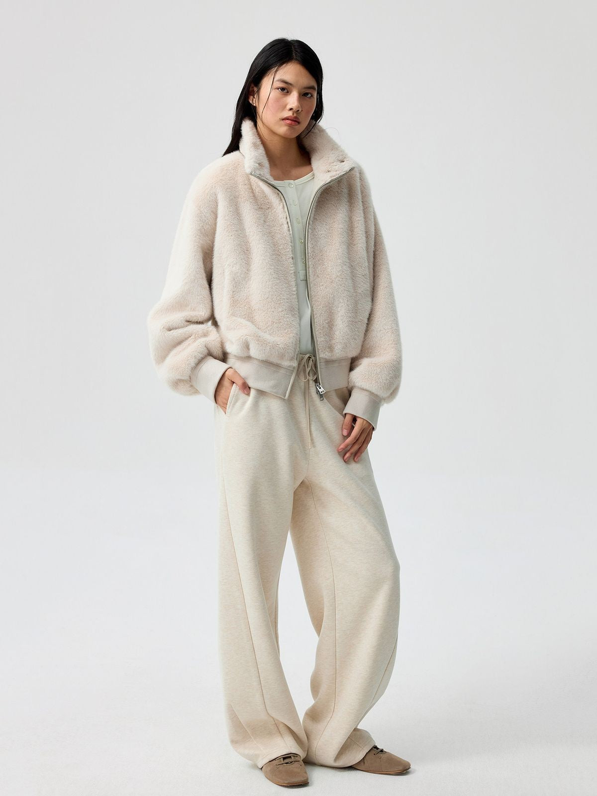 Simple Project Detachable Hood Faux Fur Jacket in Cream - On Model