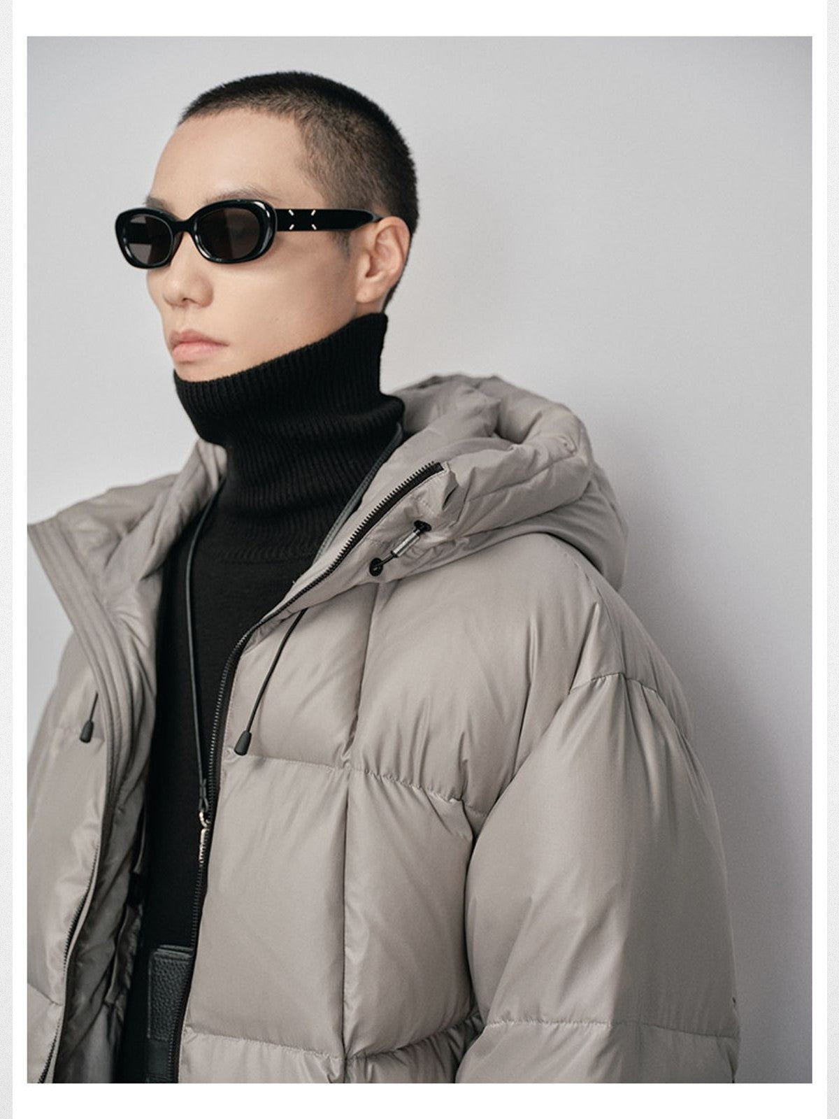 NANS Micro Check Hooded Down Puffer in Gray - On Male Model