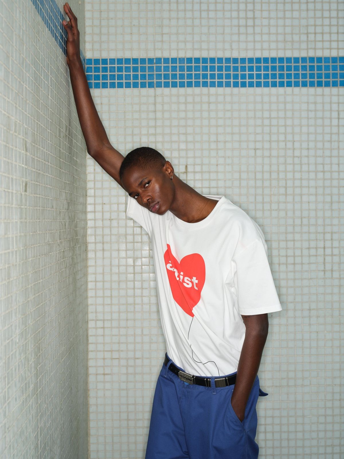 TRIANGLE PROJECT Heart Print Cotton T Shirt in White - On Model