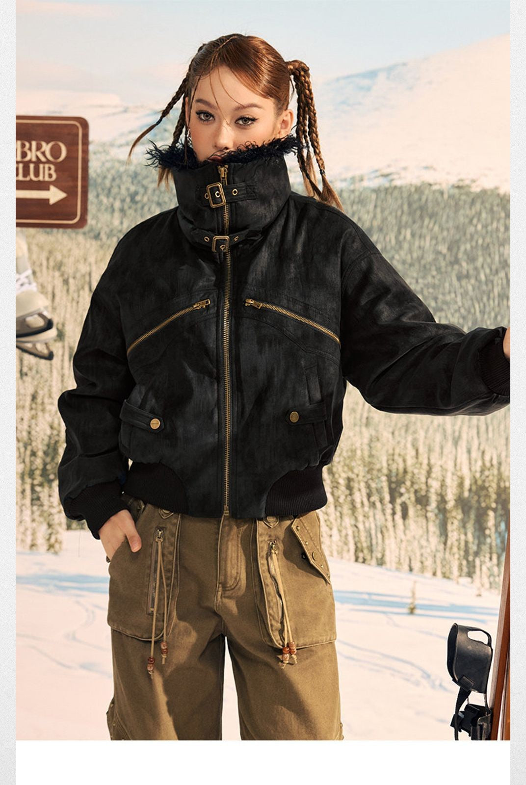 Beer Bro Faux Fur Collar PU Suede Bomber in Black - On Model