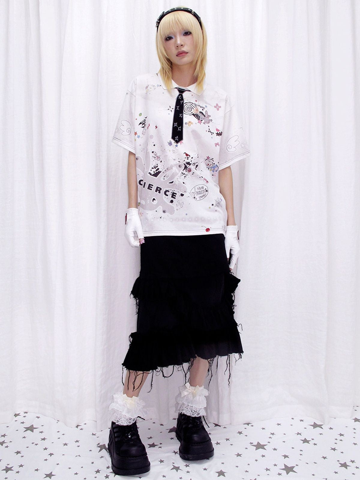 CFIERCE Sticker Print Polo with Embroidered Tie in White - On Model