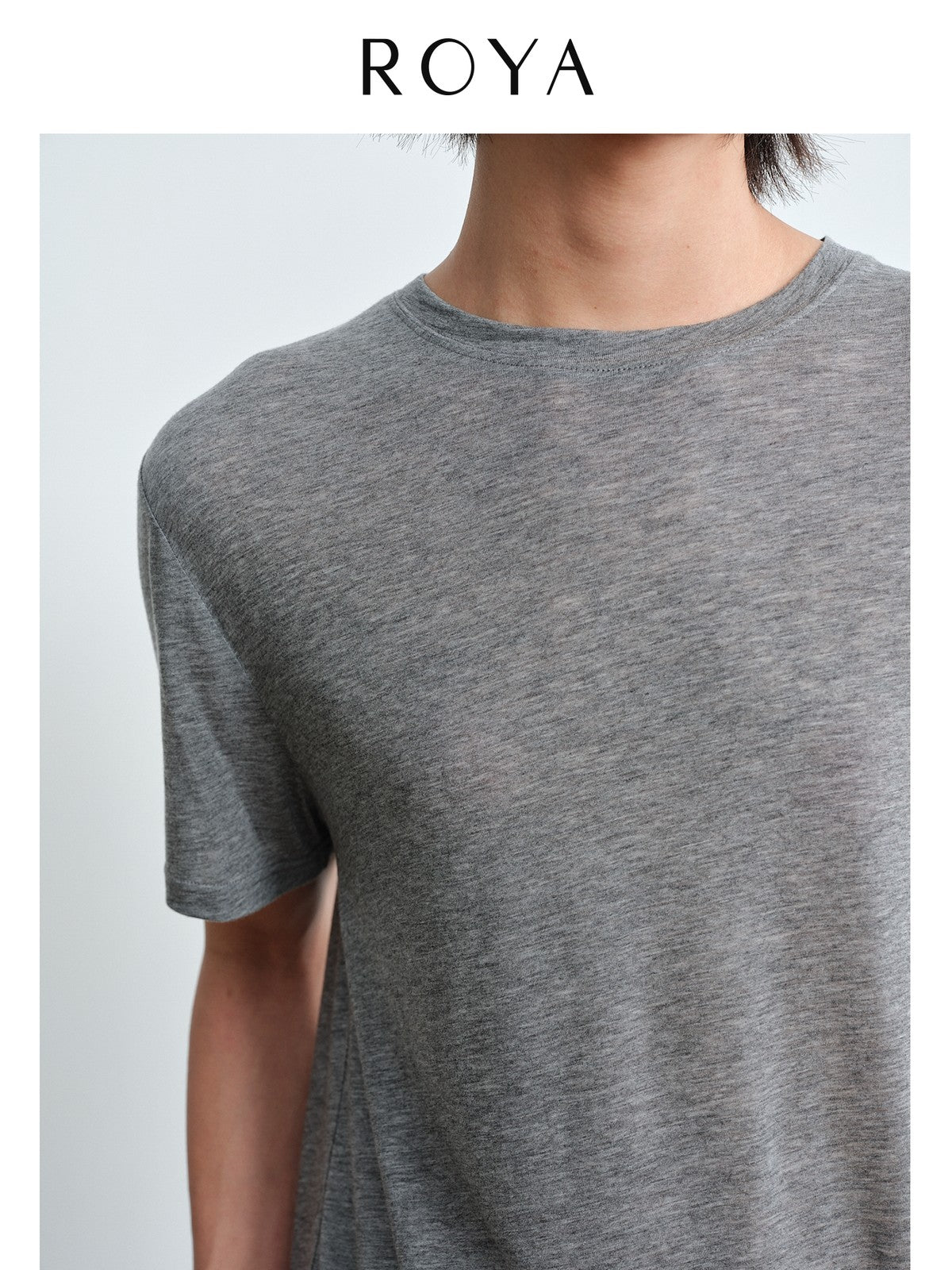 ROYA Lyocell Wool Blend Crewneck in Heather Gray - On Model