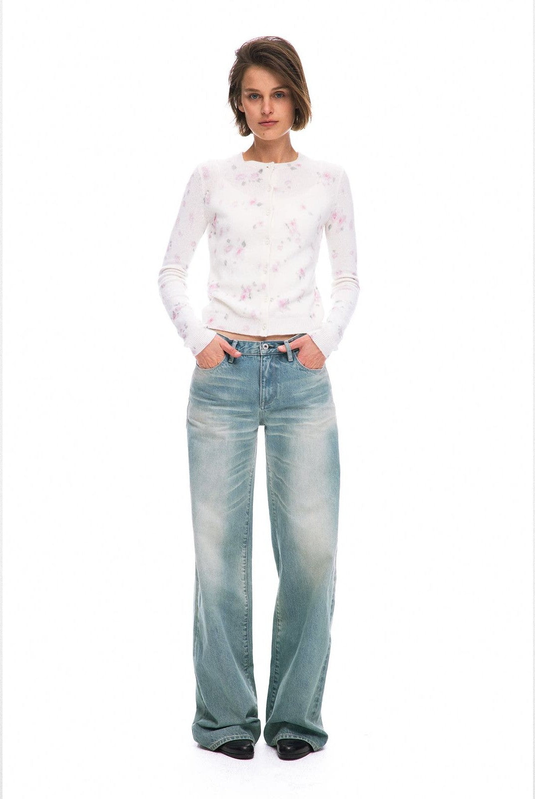 Alright then Watercolor Floral Wool Cardigan in White - On Model