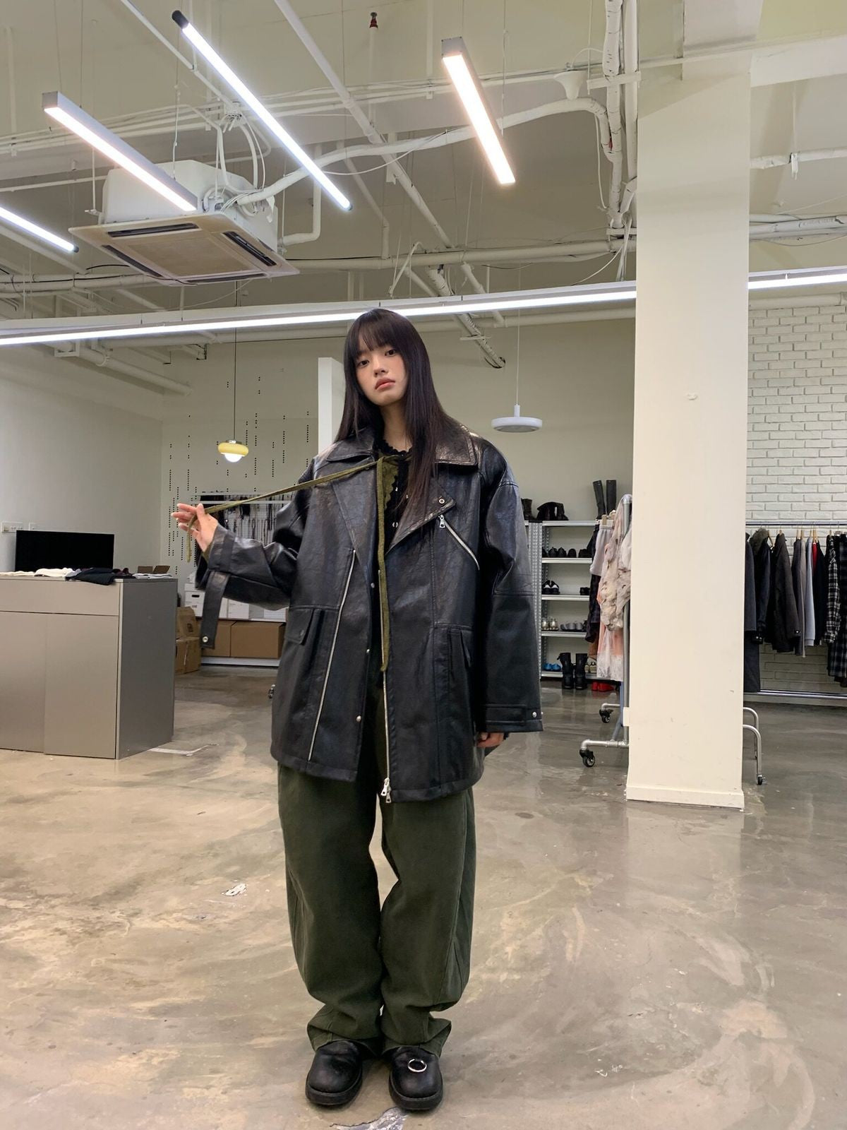 NeverSeez Padded PU Leather Trench Coat in Black - On Female Model