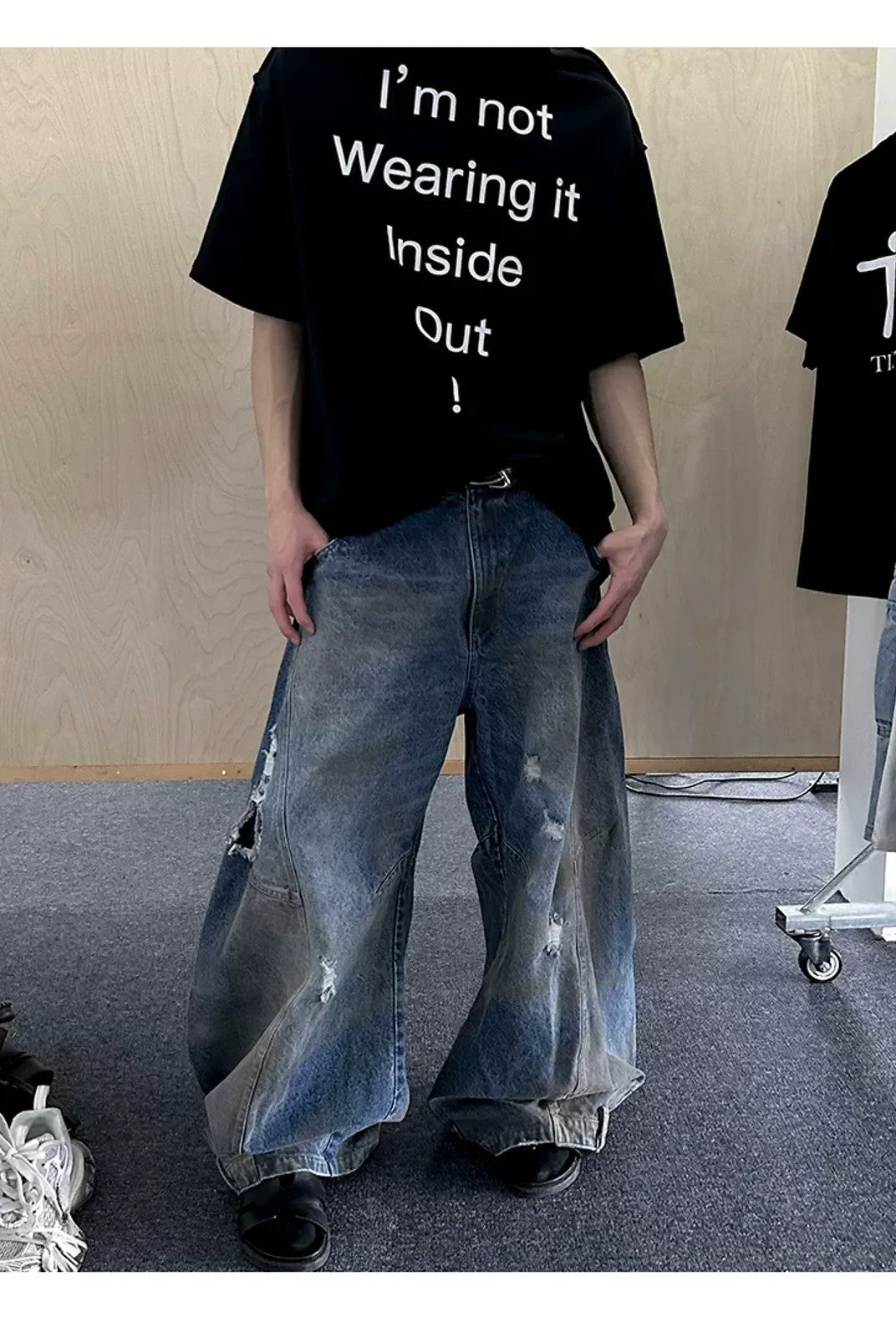 TRIANGLE PROJECT Distressed Dirty Dye Patchwork Jeans in Denim - On Model