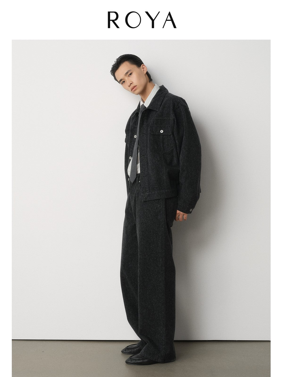 ROYA Sueded Cone Mills Denim Jacket in Black - On Model