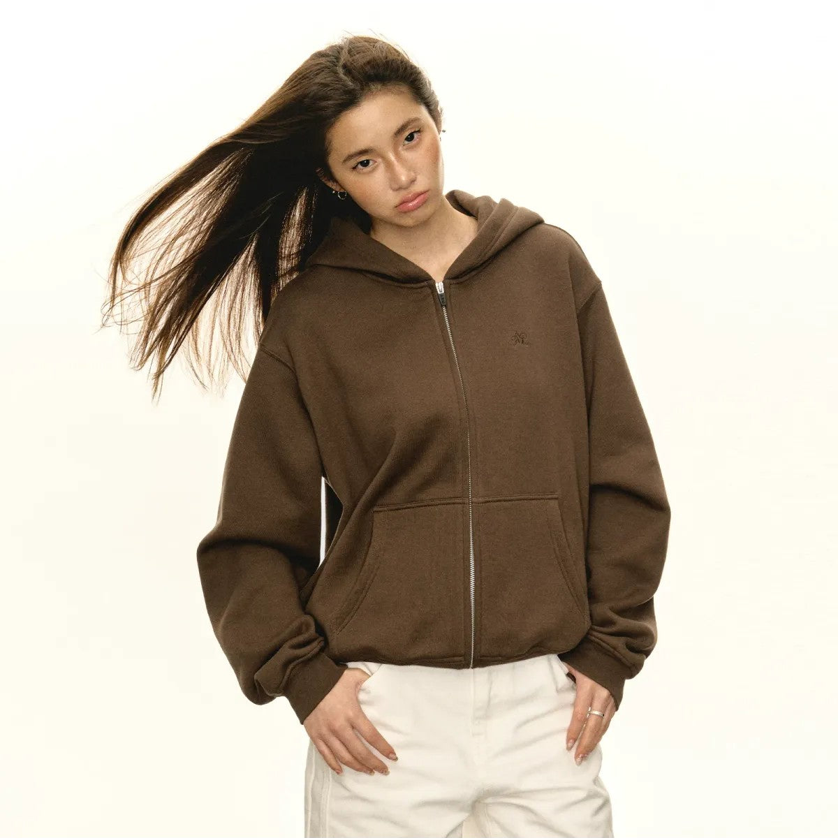 ARISEISM Oversized Cotton Blend Zip Up Hoodie in Brown - On Model