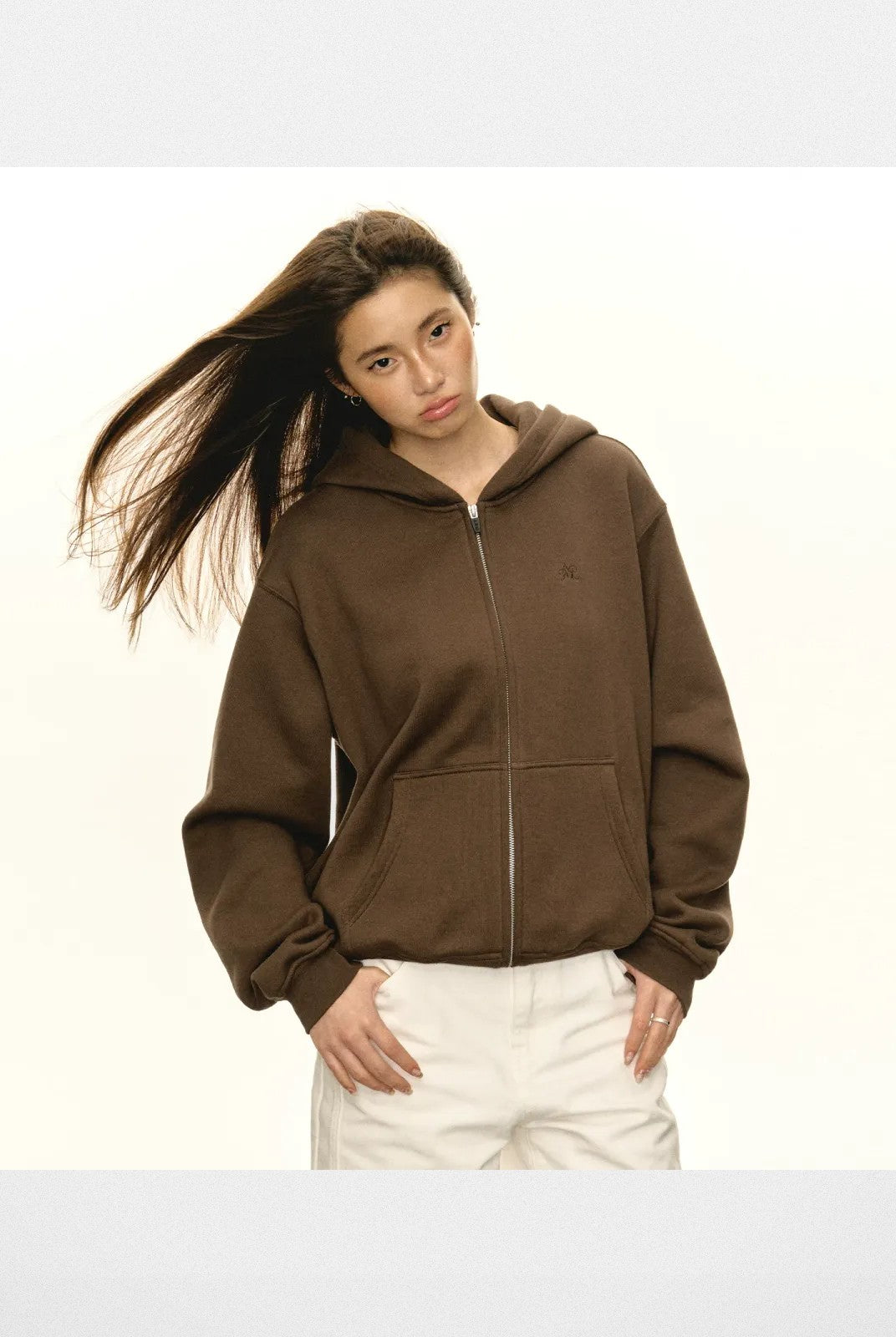ARISEISM Oversized Cotton Blend Zip Up Hoodie in Brown - On Model