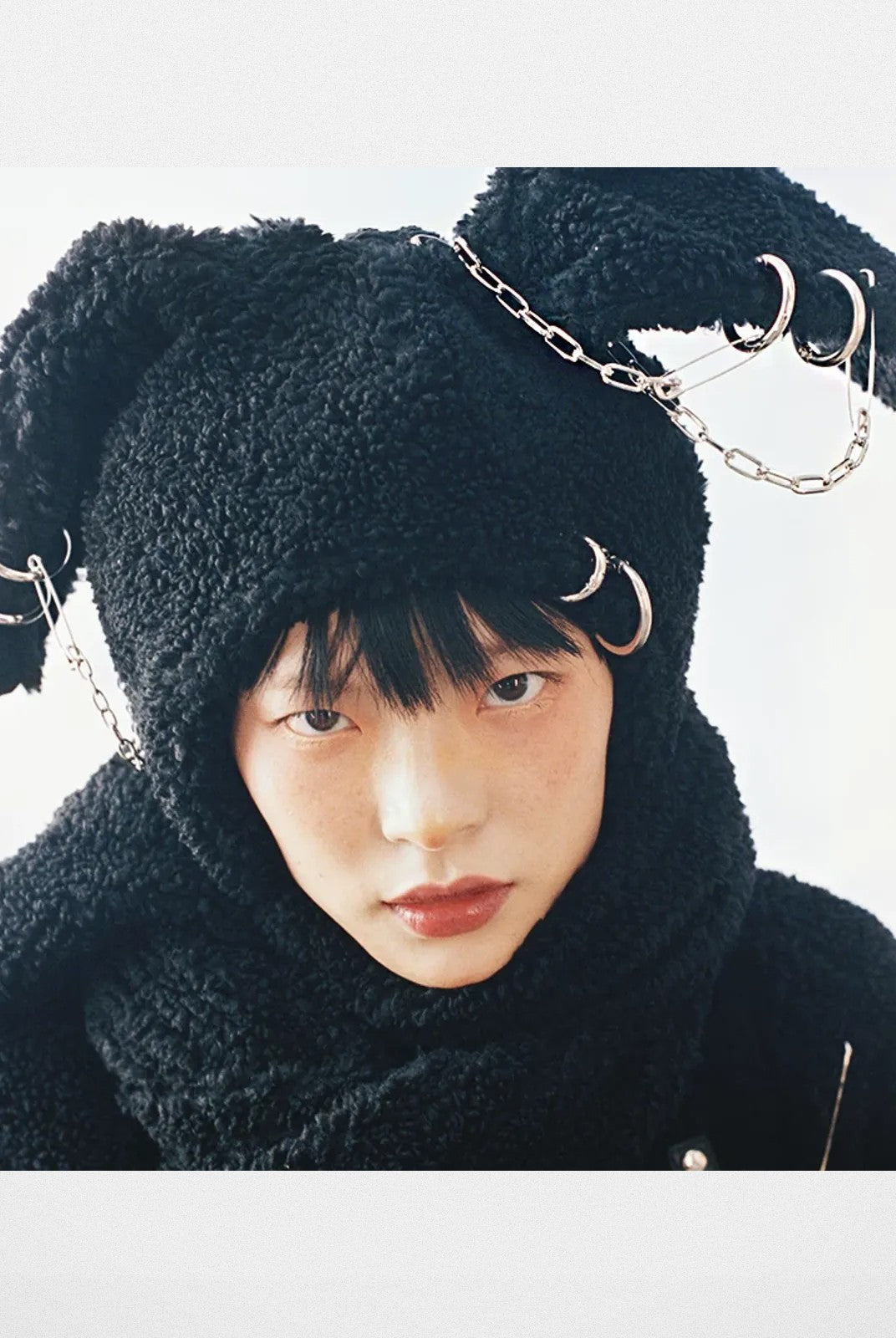 CFIERCE Pierced Plush Bunny Hooded Scarf in Black - On Model