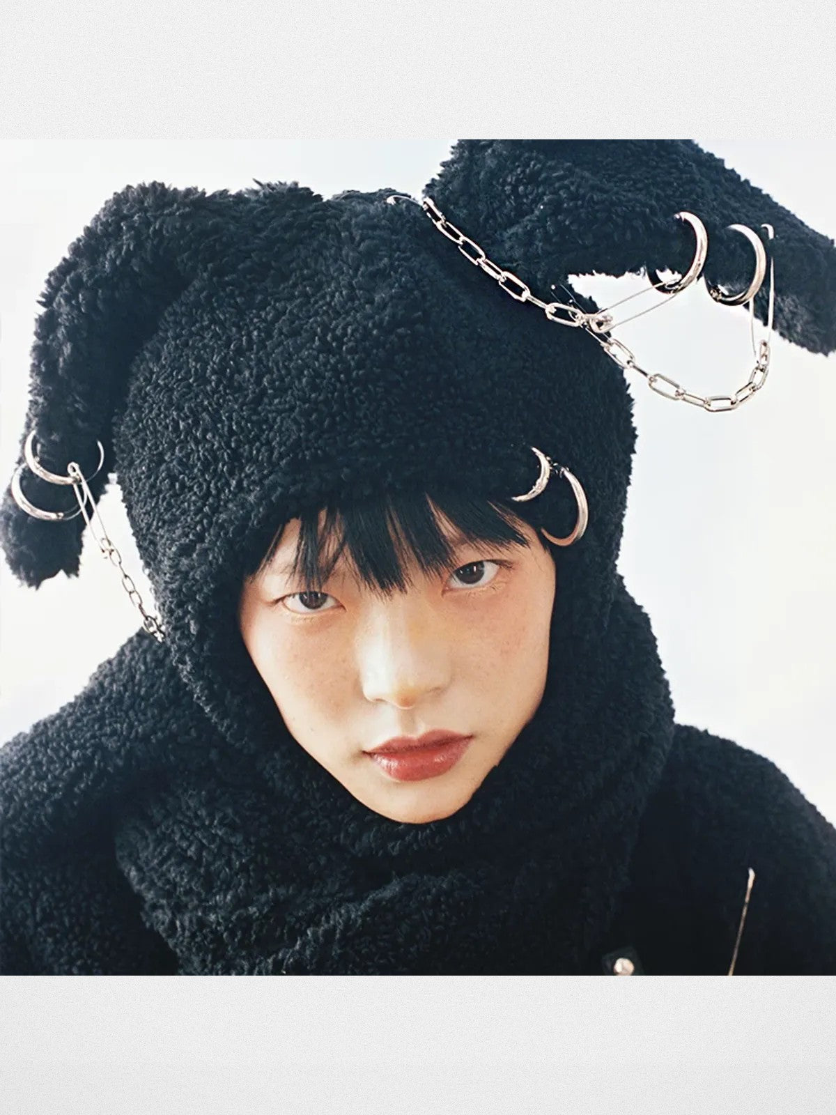 CFIERCE Pierced Plush Bunny Hooded Scarf in Black - On Model