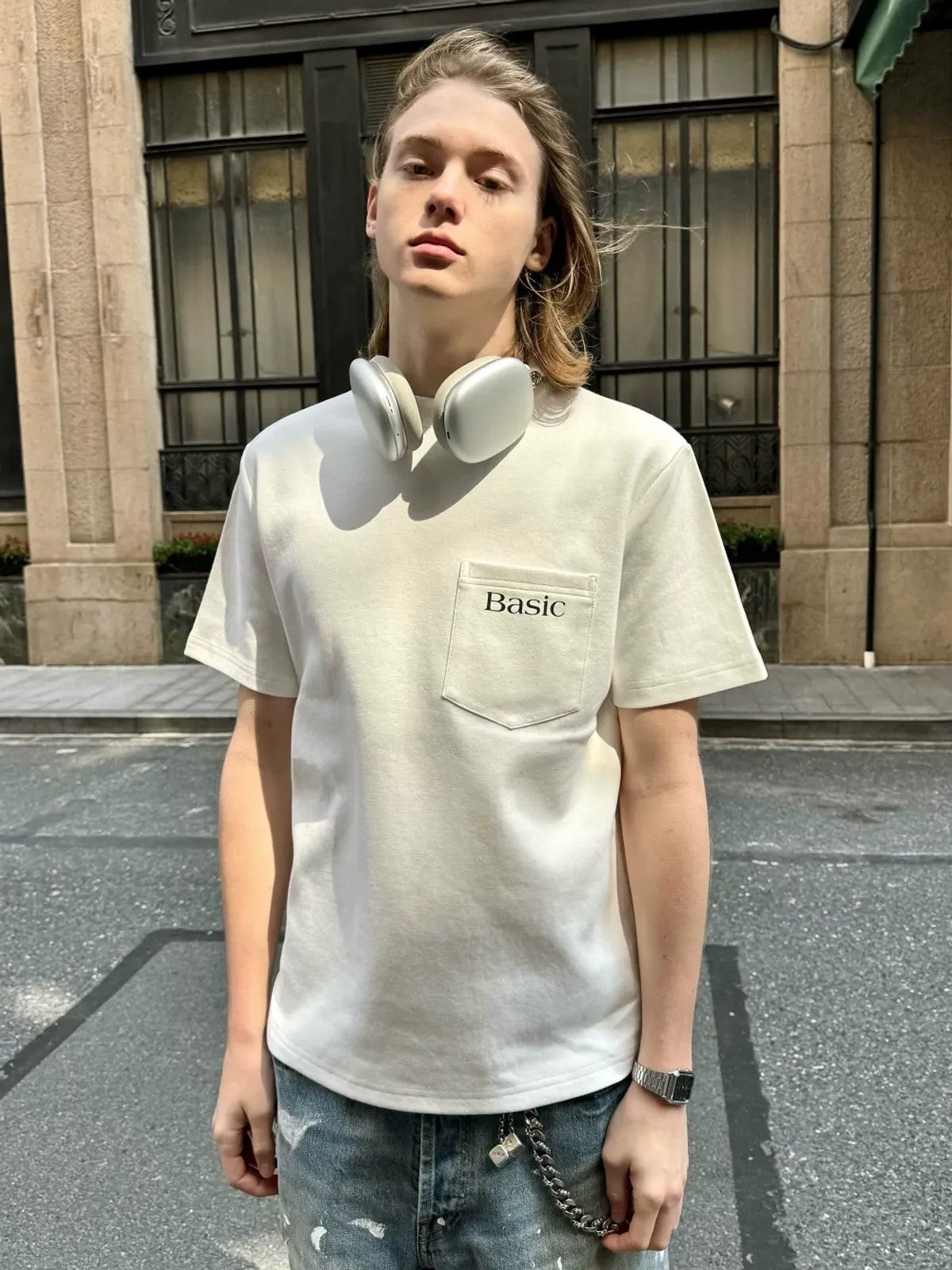 VLABMADE Heavyweight Distressed Print Pocket Tee in White