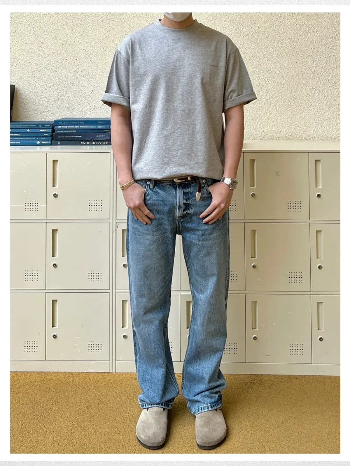 VLABMADE Ice Blue Raw Hem Straight Jeans in Blue - On Model