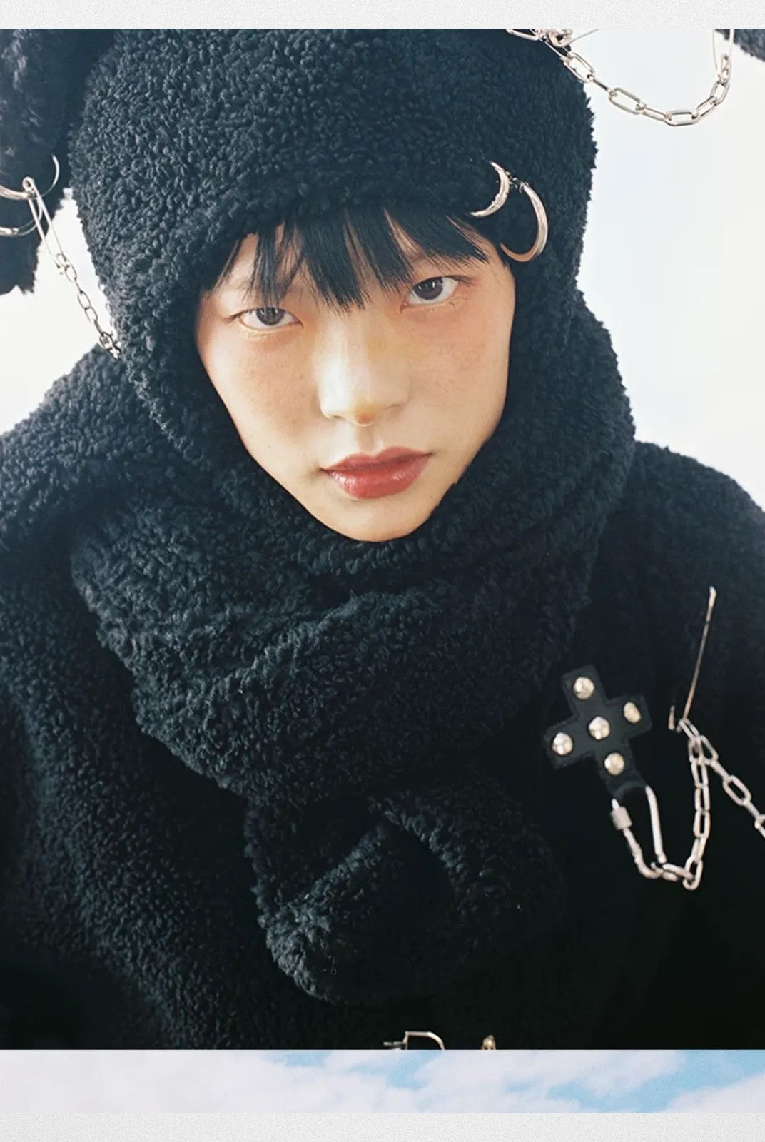 CFIERCE Pierced Plush Bunny Hooded Scarf in Black