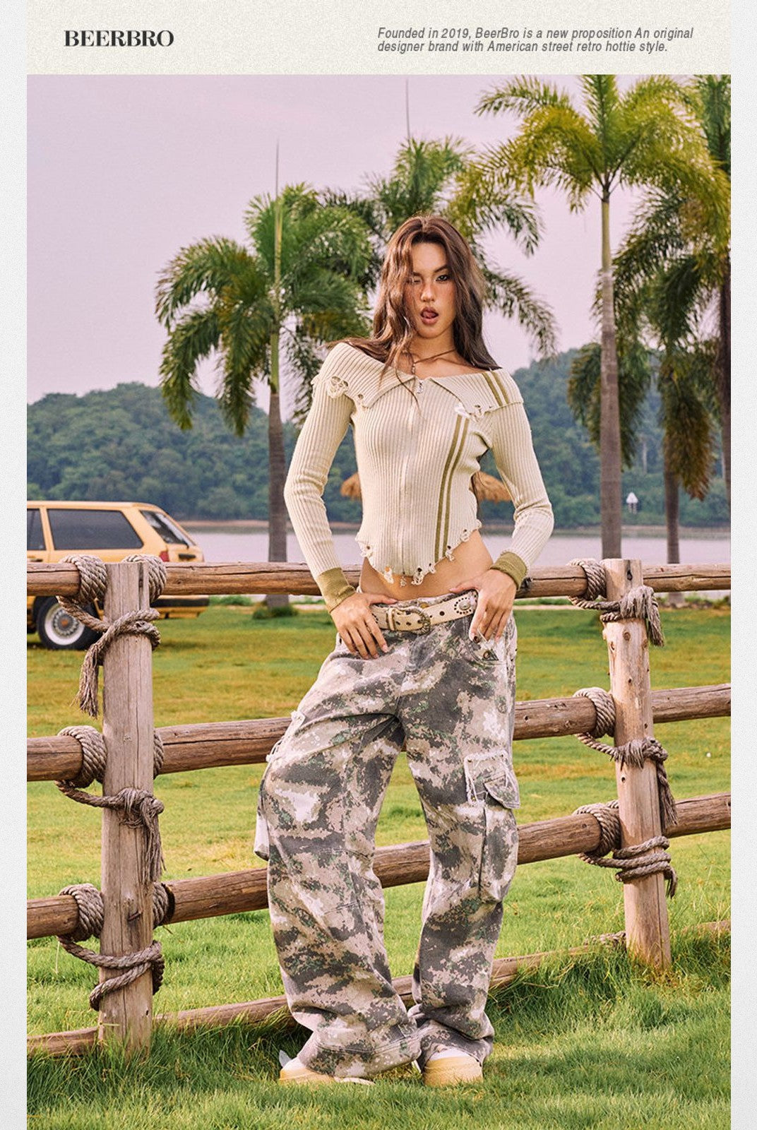 BeerBro Retro Camo Wide Leg Cargo Pants in Olive - On Model