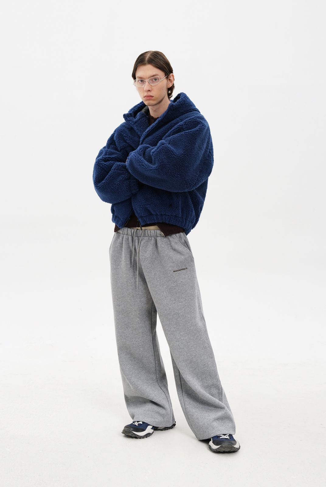 MasonPrince Contrast Logo Fleece Hooded Jacket in Navy Blue - On Model