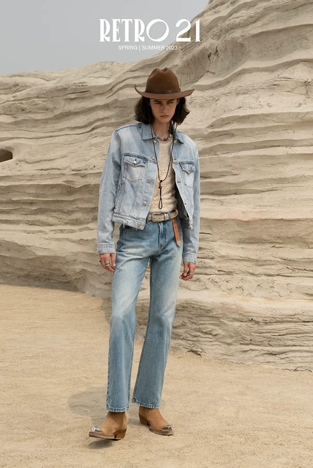 Retro 21 Washed Ice Blue Flared Jeans in Blue - On Model