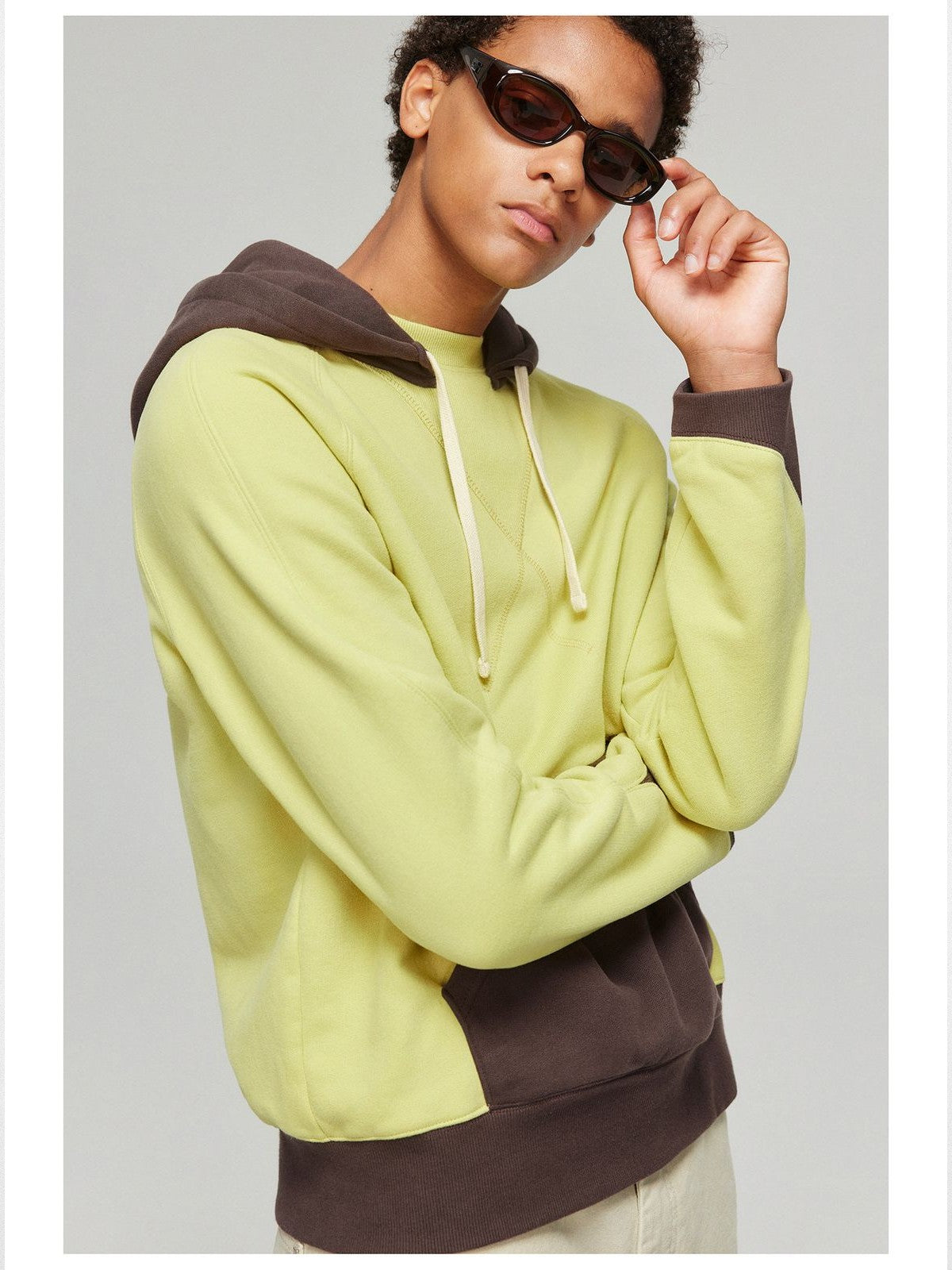 Simple Project Contrast Panel Hoodie in Brown - On Model