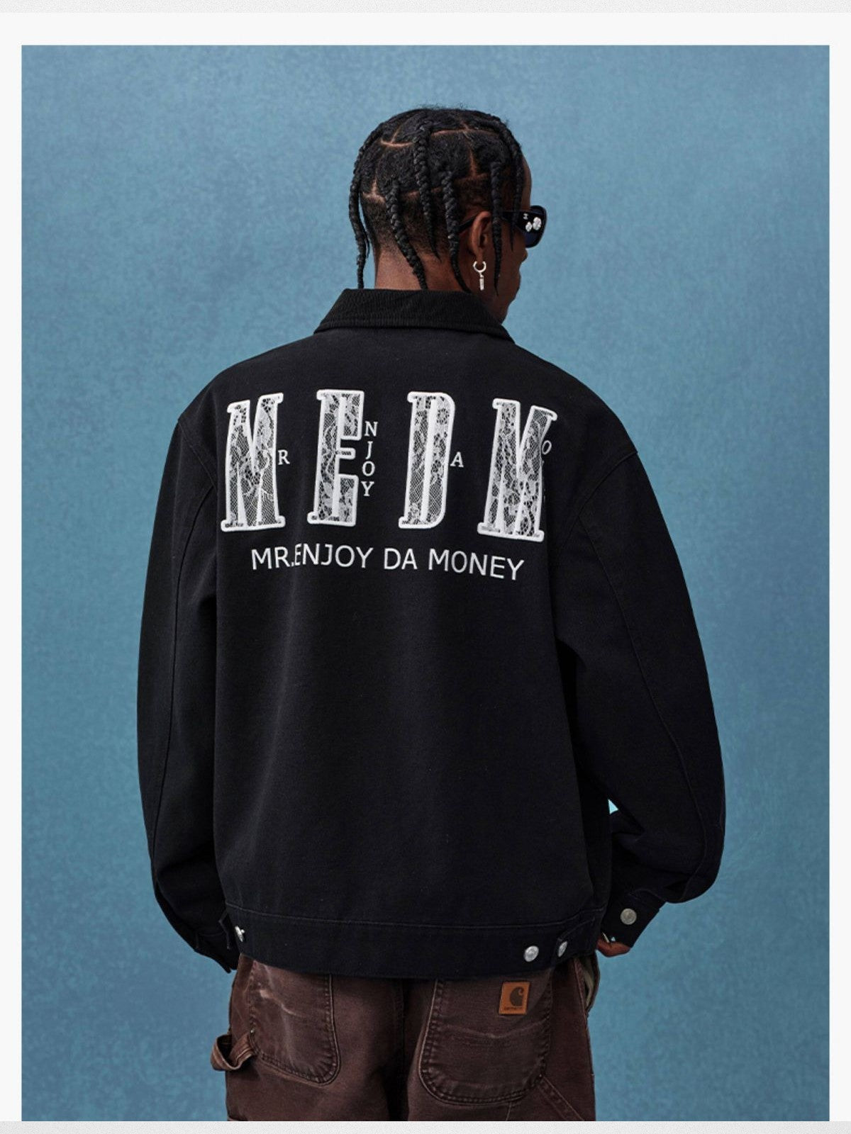 MEDM Lace Appliqu Detroit Jacket in Black - On Male Model