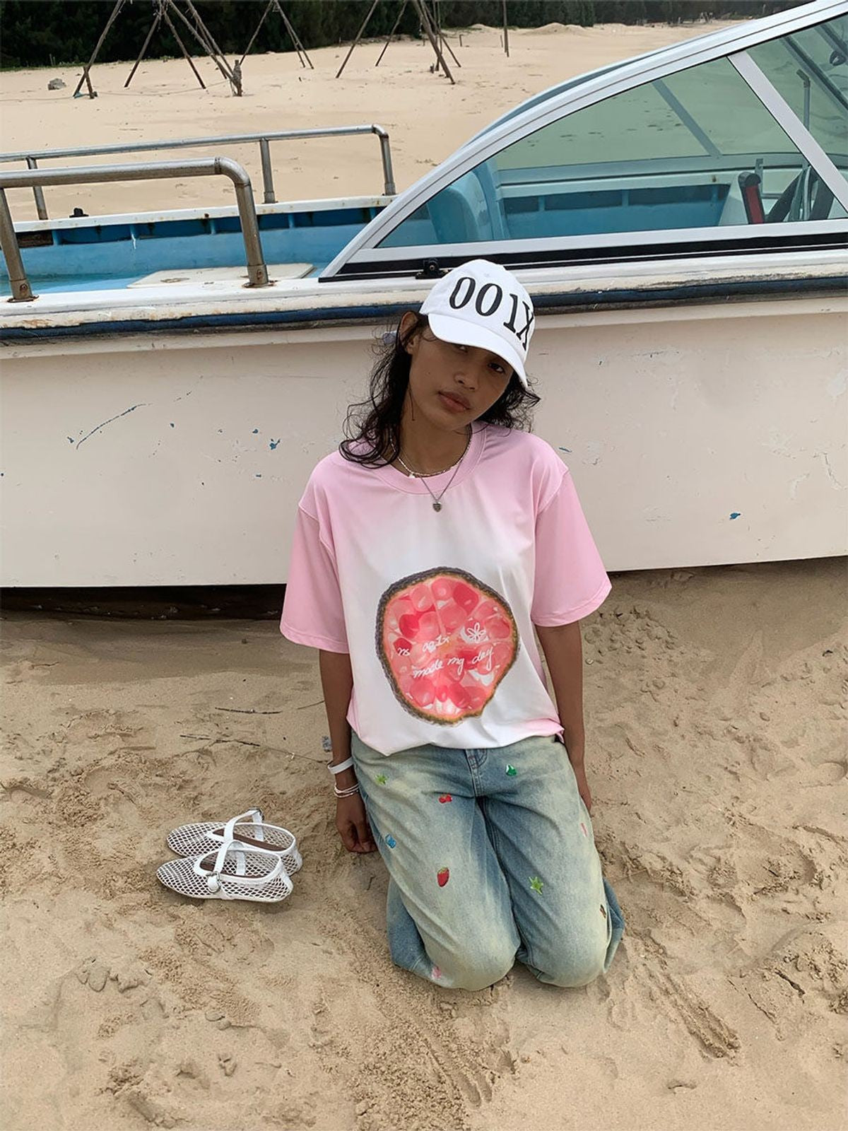 NeverSeez Gradient Fruit Print Quick Dry Tee in Pink - Lifestyle