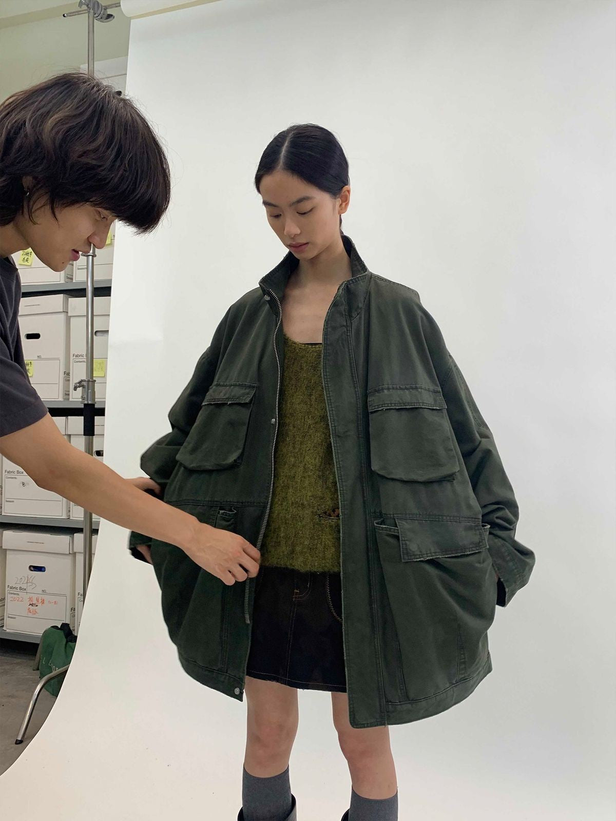 NeverSeez Distressed Cotton Barn Jacket in Green - On Female Model