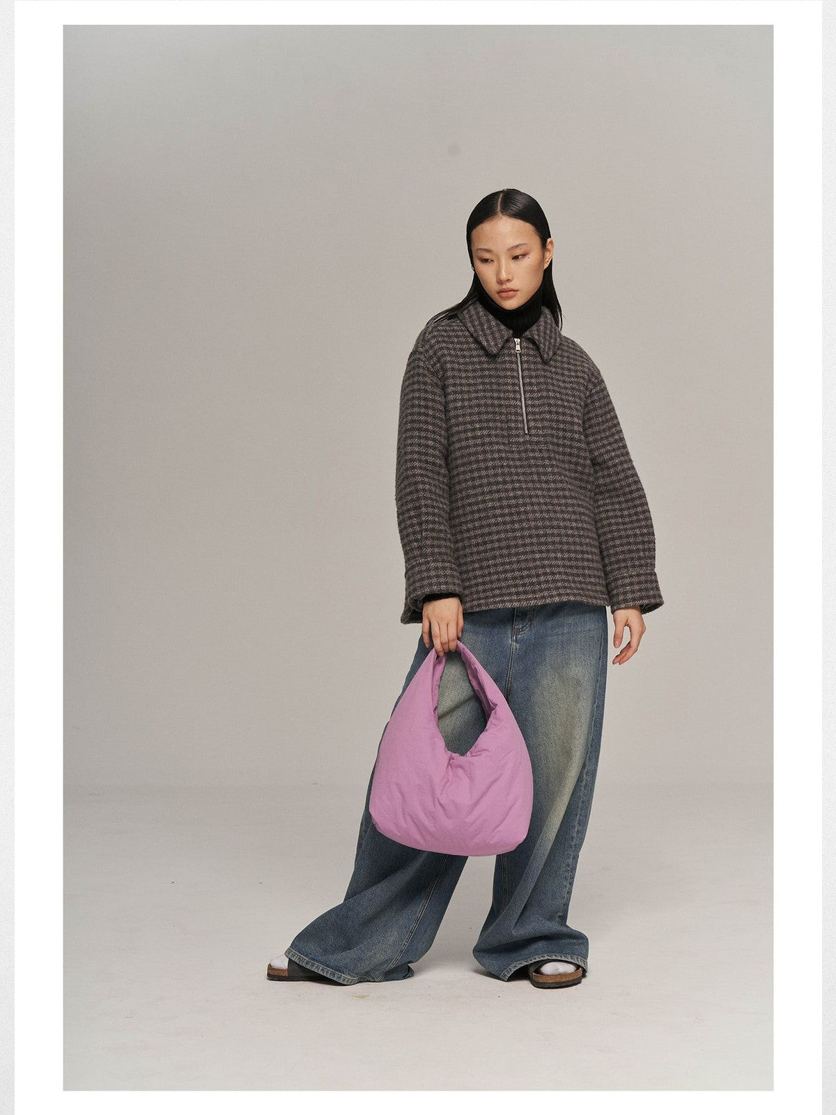 alright then Houndstooth Wool Blend Half Zip Jacket in Gray - On Model