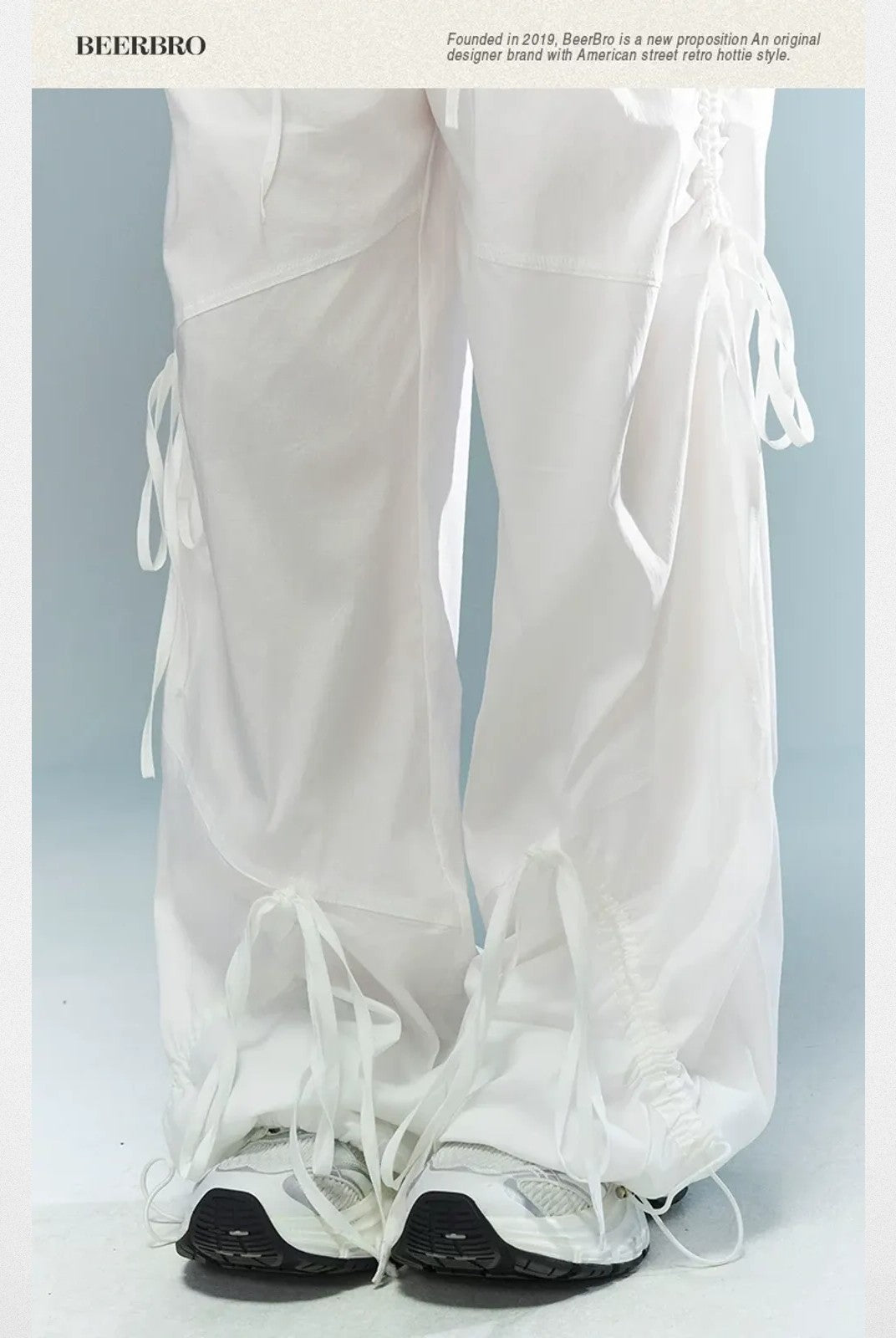 BeerBro Ruched Wide Leg Parachute Pants in White - Detail
