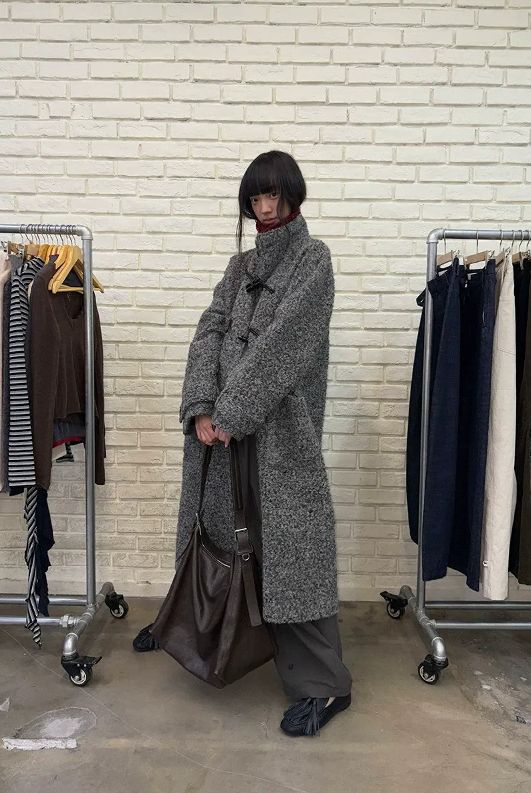 NeverSeez Boucl Wool Duffle Coat in Black