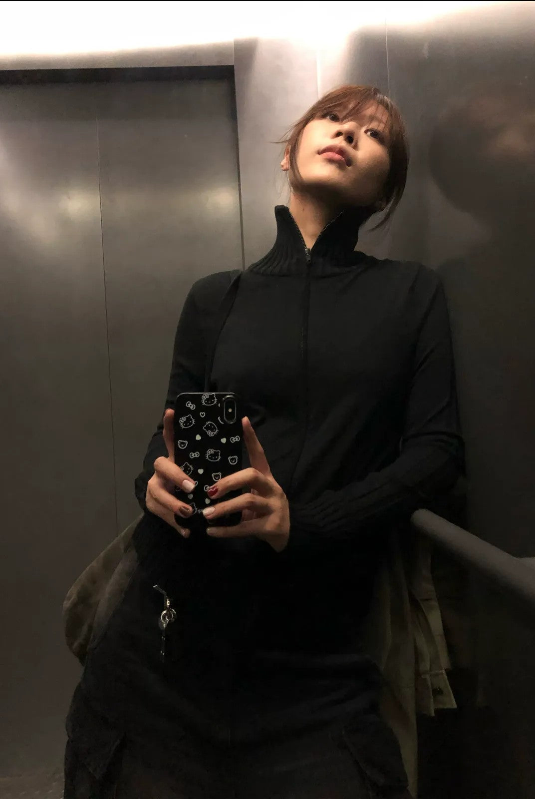 MASONPRINCE High Neck Cotton Blend Cardigan in Black - On Model