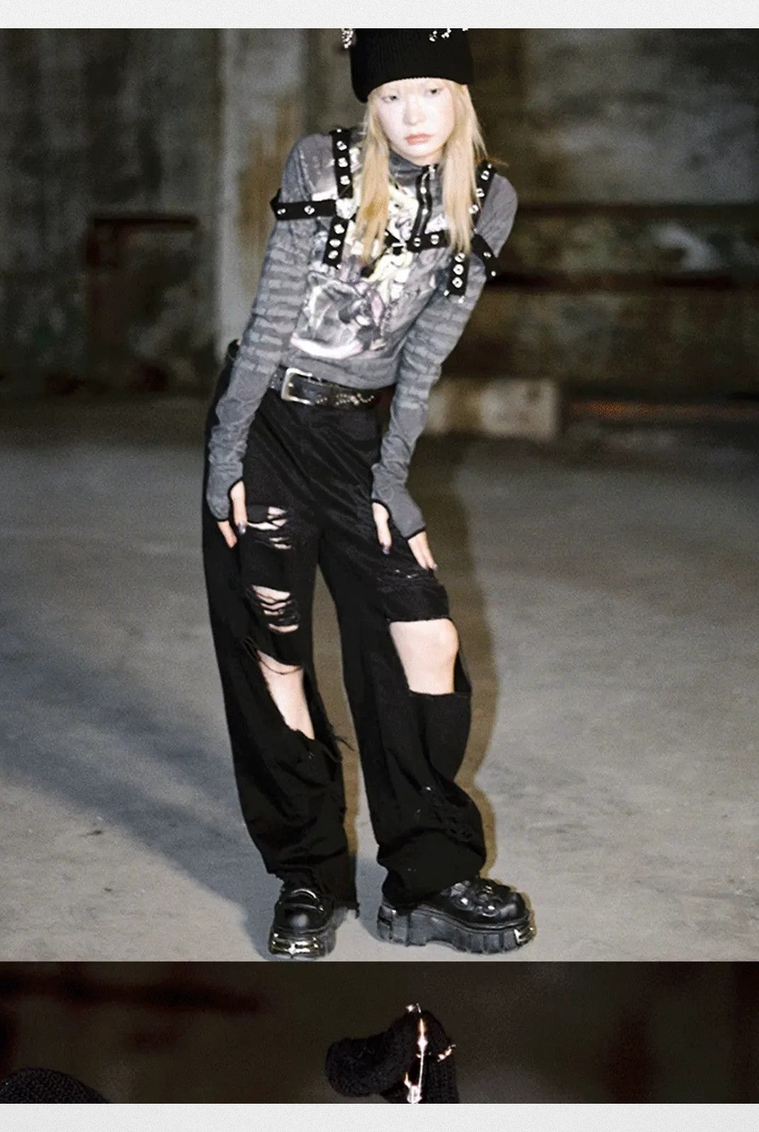 CFIERCE Safety Pin Ribbed Bunny Beanie in Black