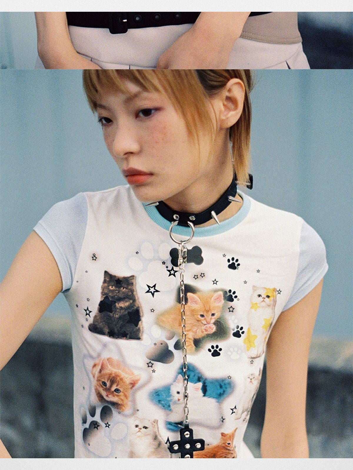CFIERCE Cat Print Contrast Sleeve Tee in White - On Model