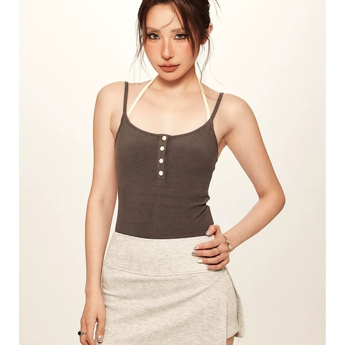 BeerBro Ribbed Layered Halter Tank in Coffee - On Model