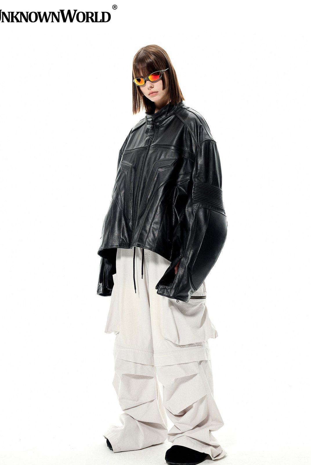 UNKNOWNWORLD Structured Cowhide Biker Jacket in Black - On Model