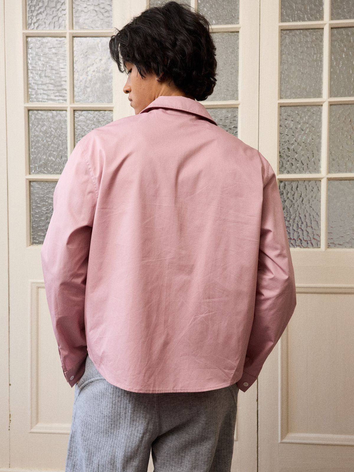 Retro 21 Pink Beige Double Zip Cotton Shirt in Off-White - On Model