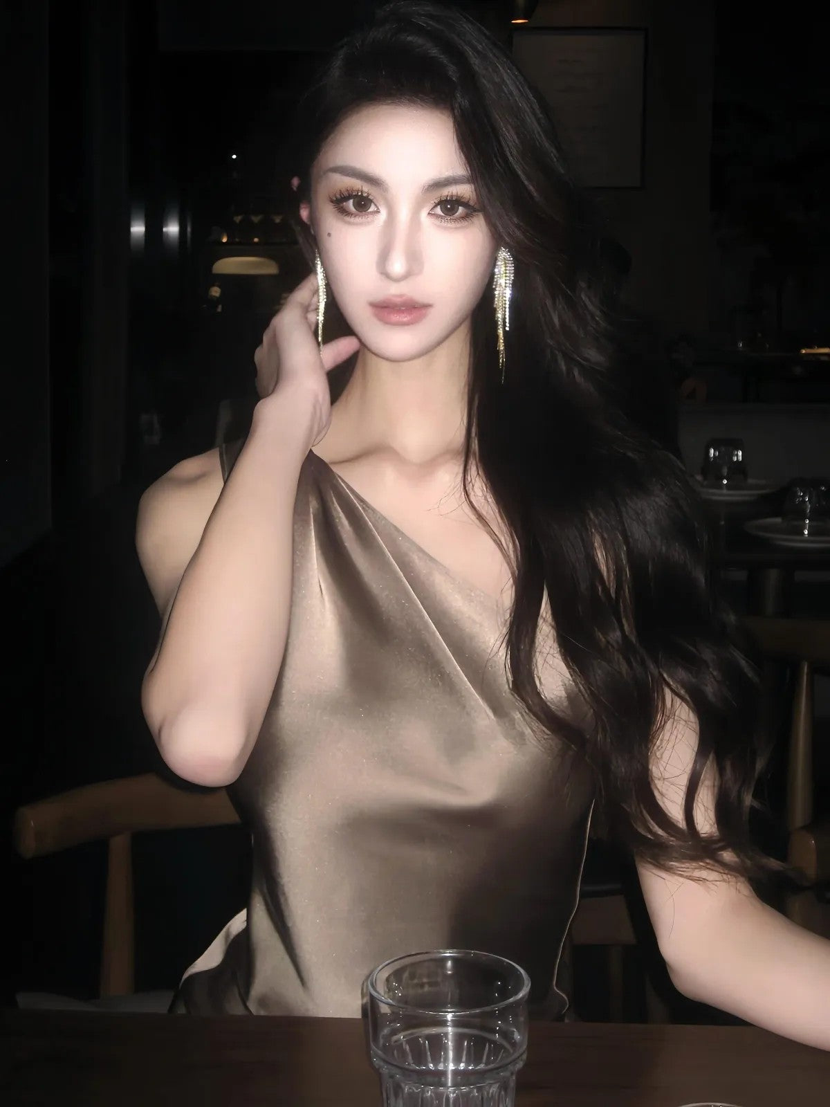 1S STUDIO One Shoulder Acetate Satin Dress in Gray - On Model