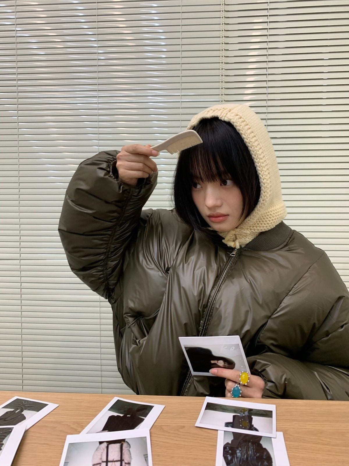 NeverSeez 90 Down Ruched Sleeve Puffer in Olive - On Female Model