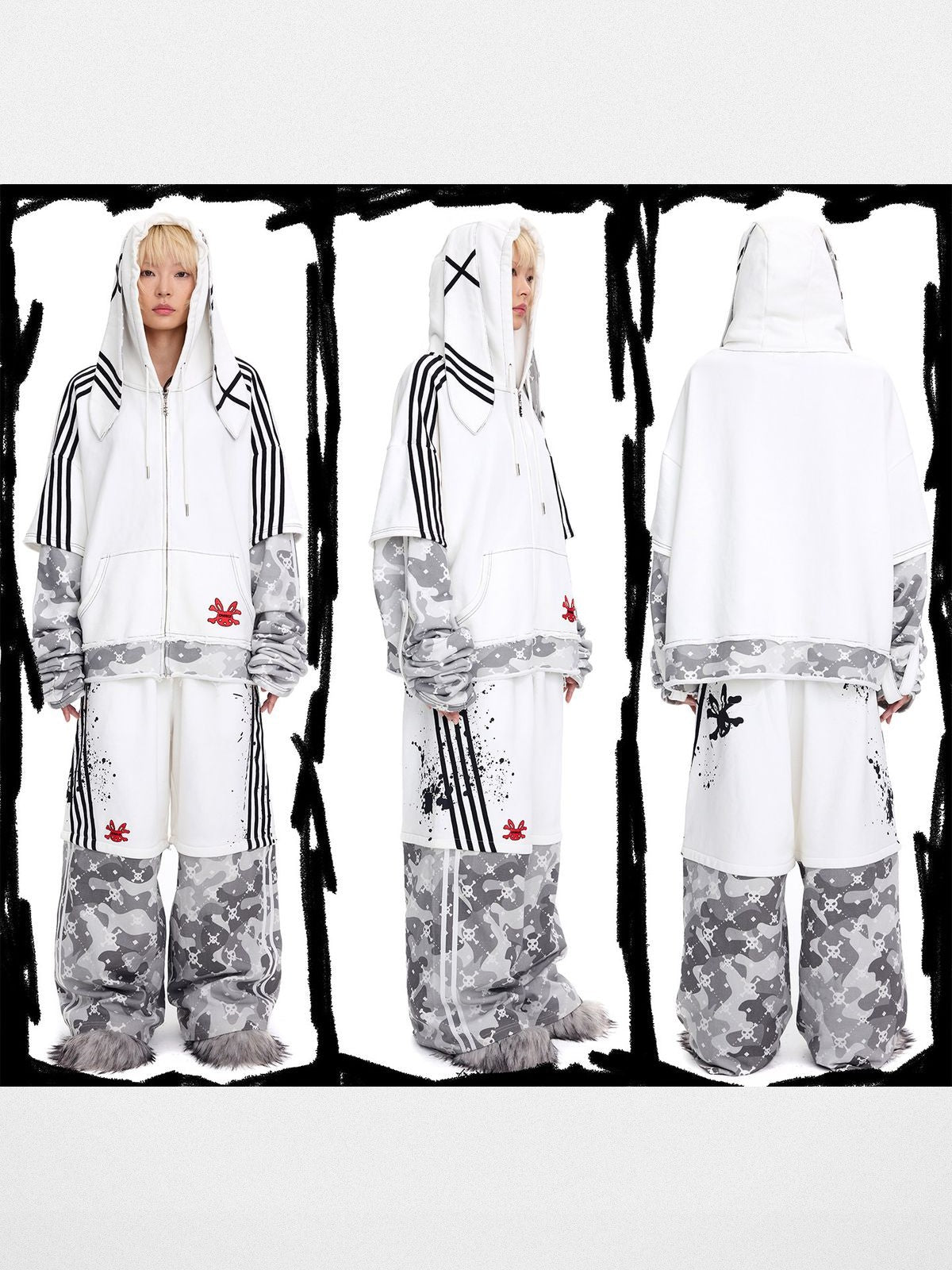 CFIERCE Detachable Leg Skull Sweatpants in White - On Model