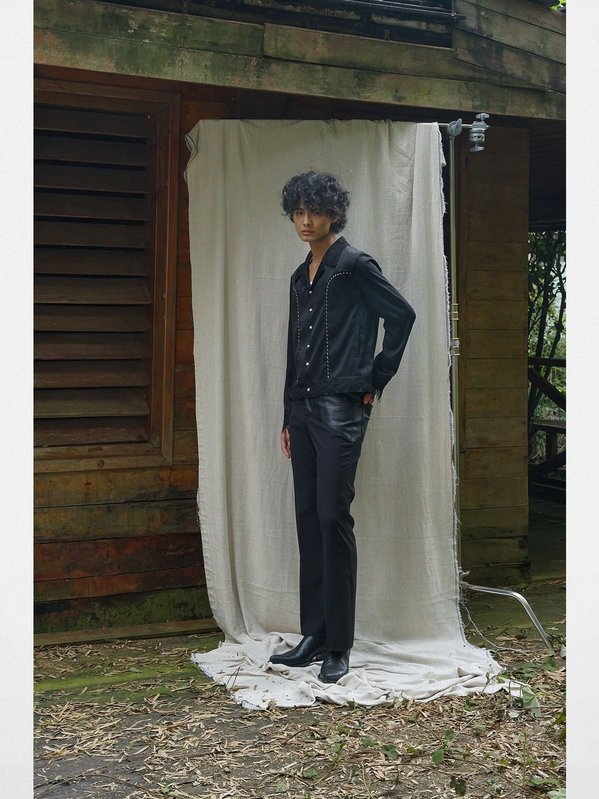 Retro21 Fringe Trim Shirt Jacket in Black - On Male Model