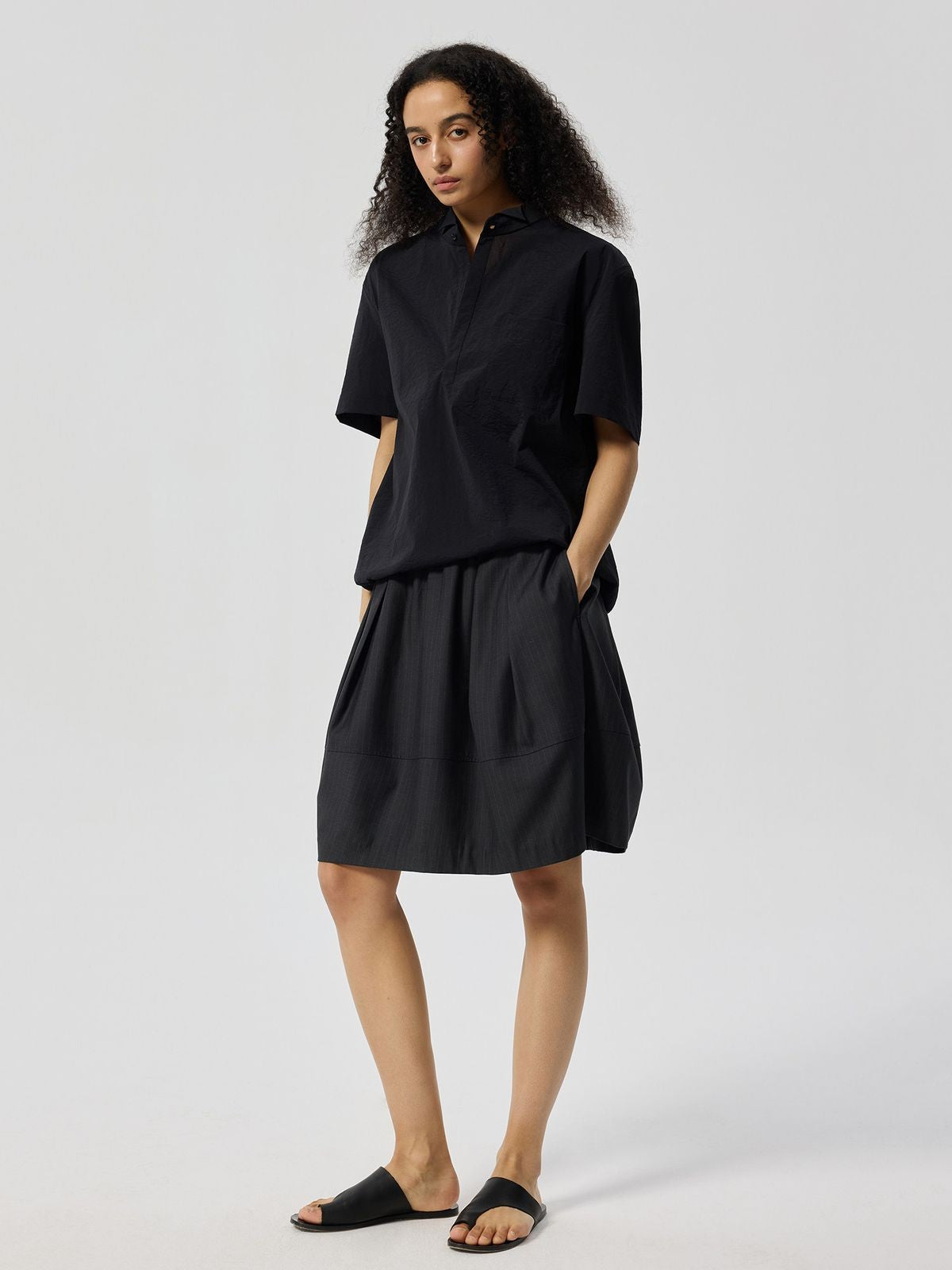 Simple Project Half Placket Nylon Shirt in Black - On Female Model
