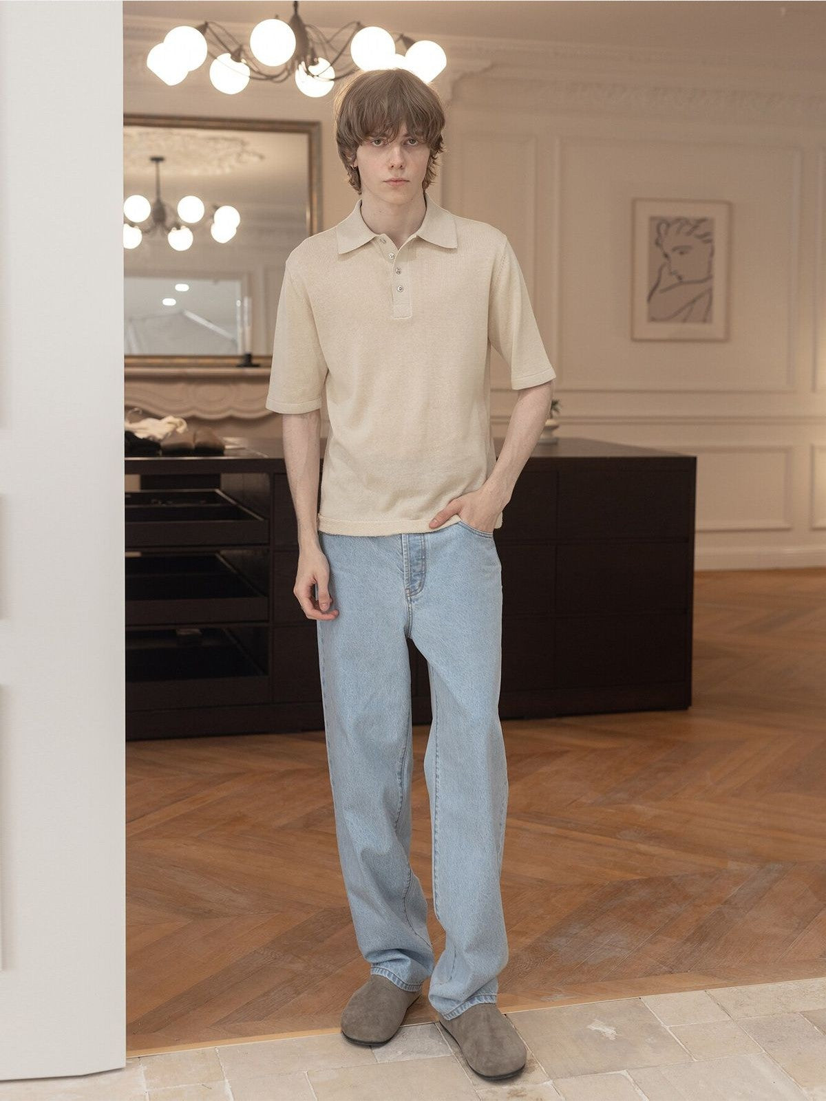 Roolrren Homme Cotton Linen Polo Shirt in Beige - On Model