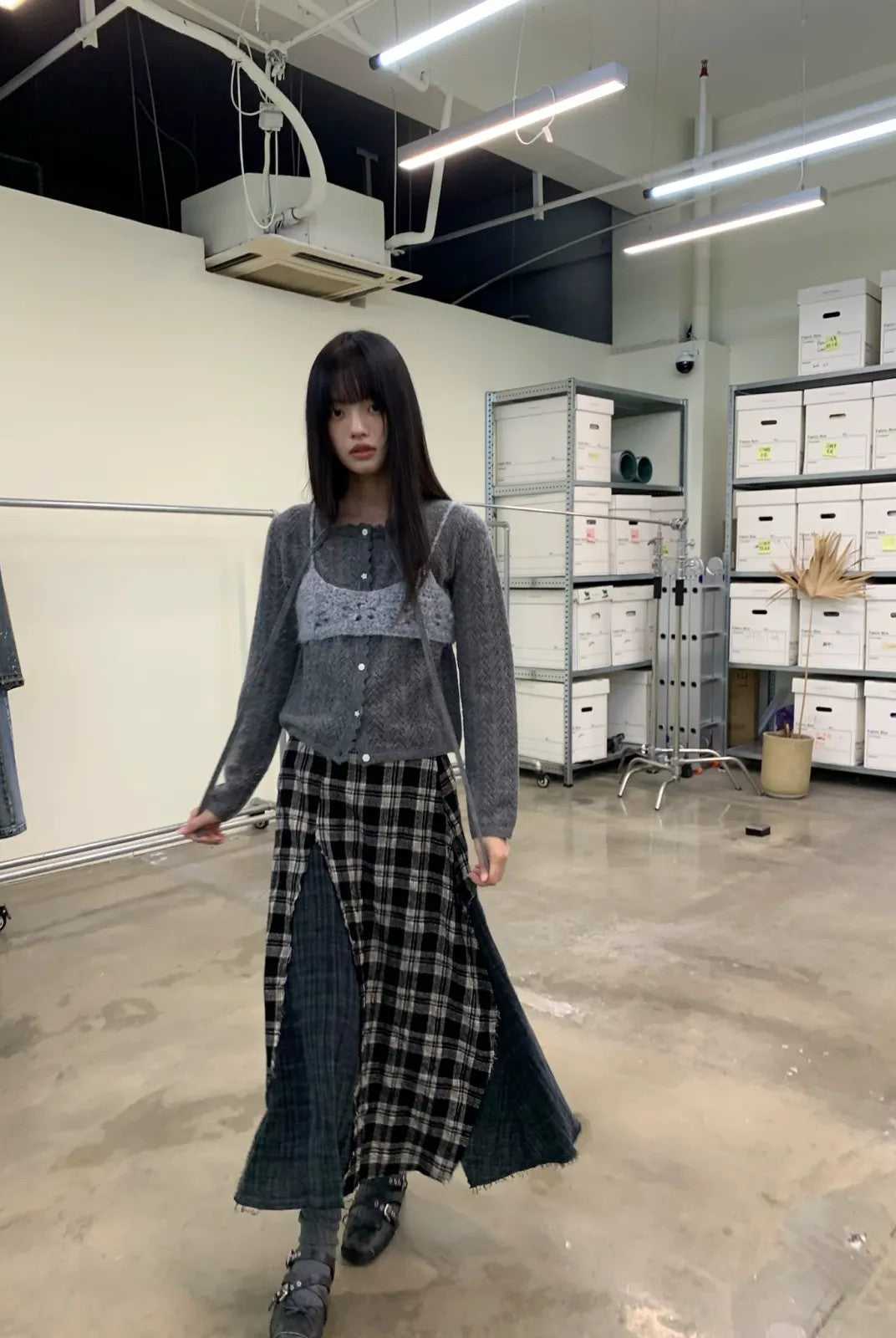 NeverSeez Spliced Plaid Linen Maxi Skirt in Black - On Model