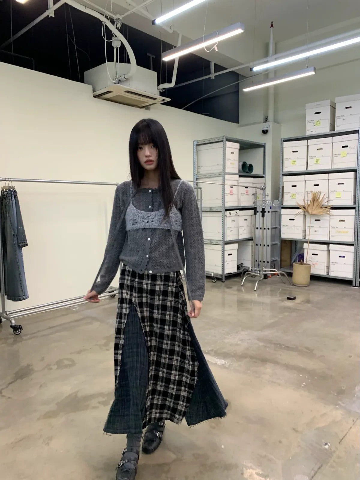 NeverSeez Spliced Plaid Linen Maxi Skirt in Black - On Model