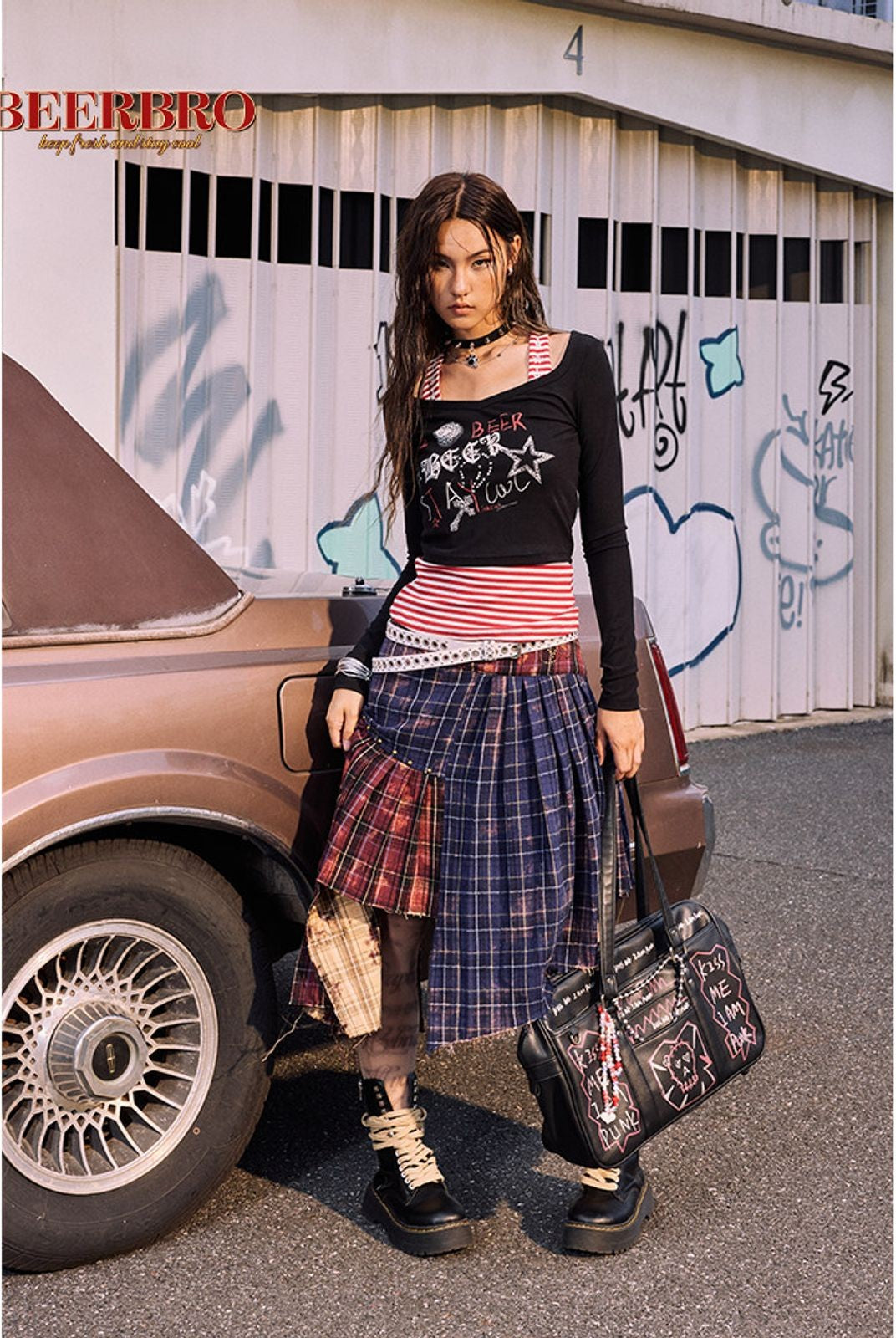 BeerBro Graffiti Print Tee Striped Tank Set in White