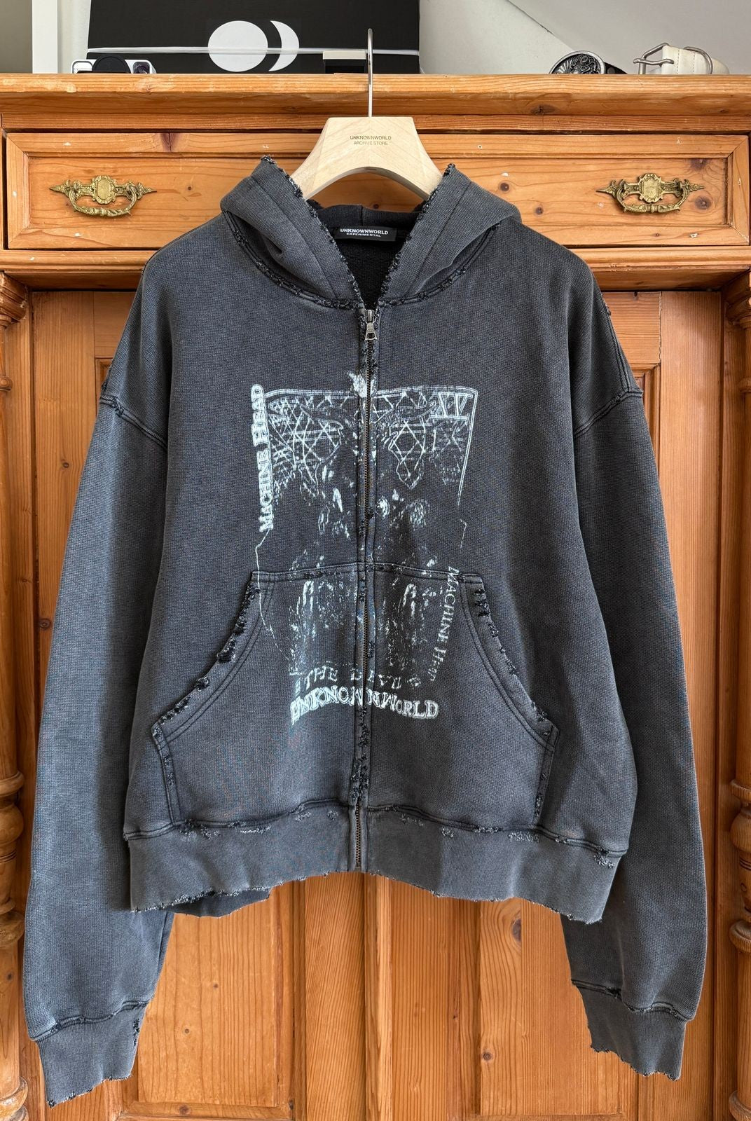 UNKNOWNWORLD Distressed Mechanical Print Hoodie in Black - Lifestyle