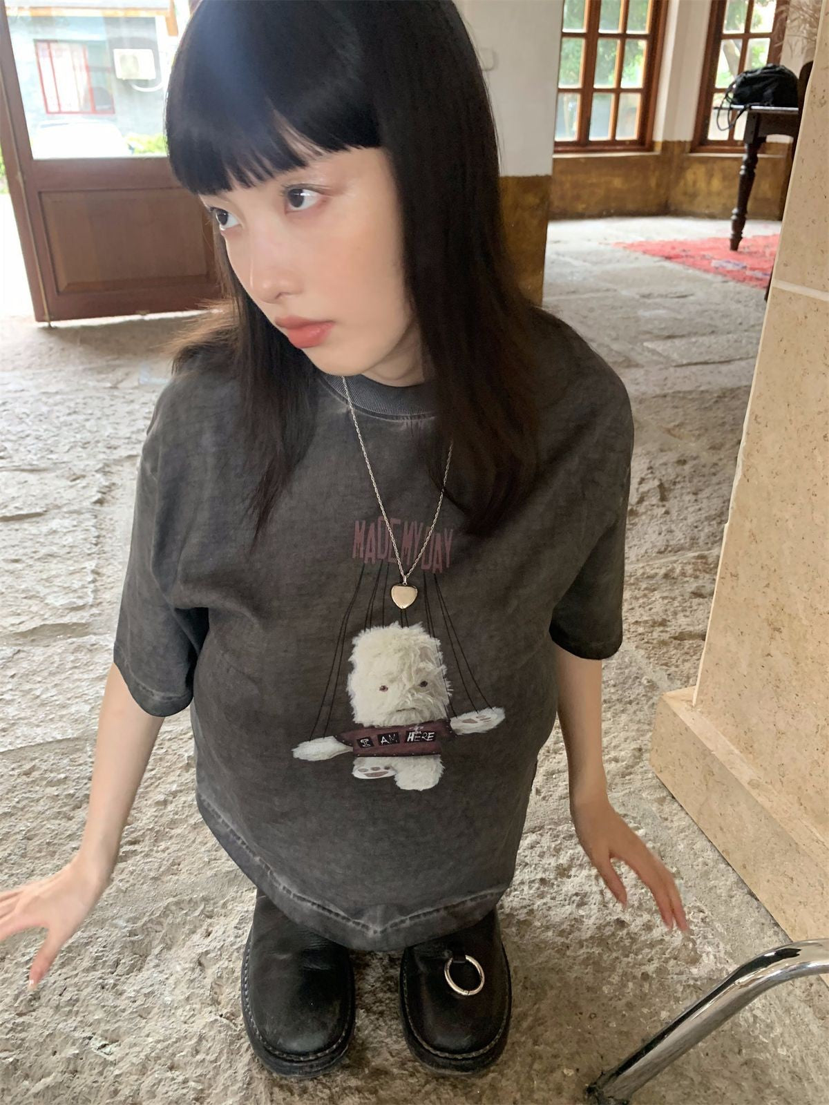 NeverSeez Garment Dyed Puppet Print Tee in Gray - On Female Model