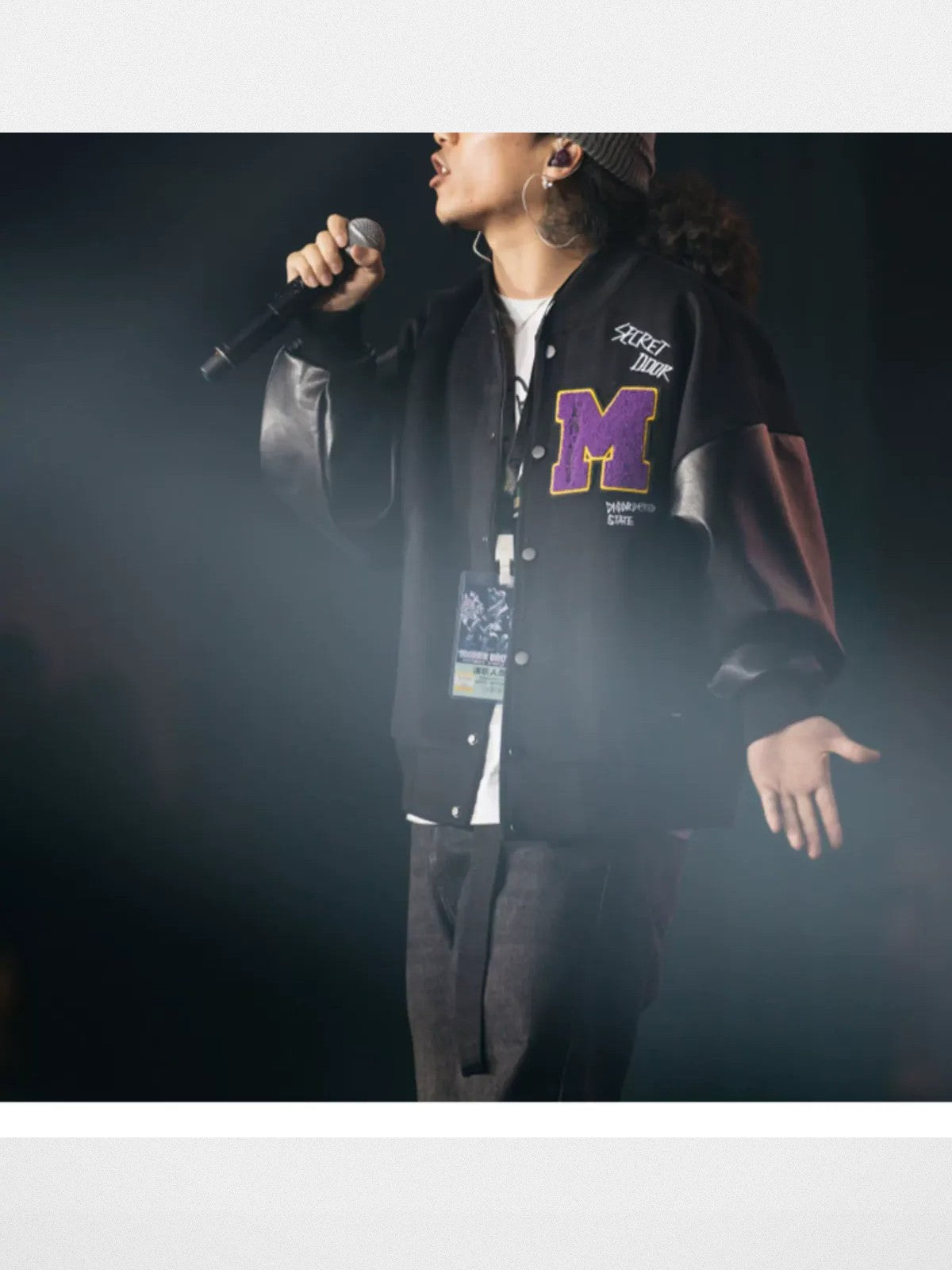 MEDM Wool Blend Varsity Jacket in Black - On Model