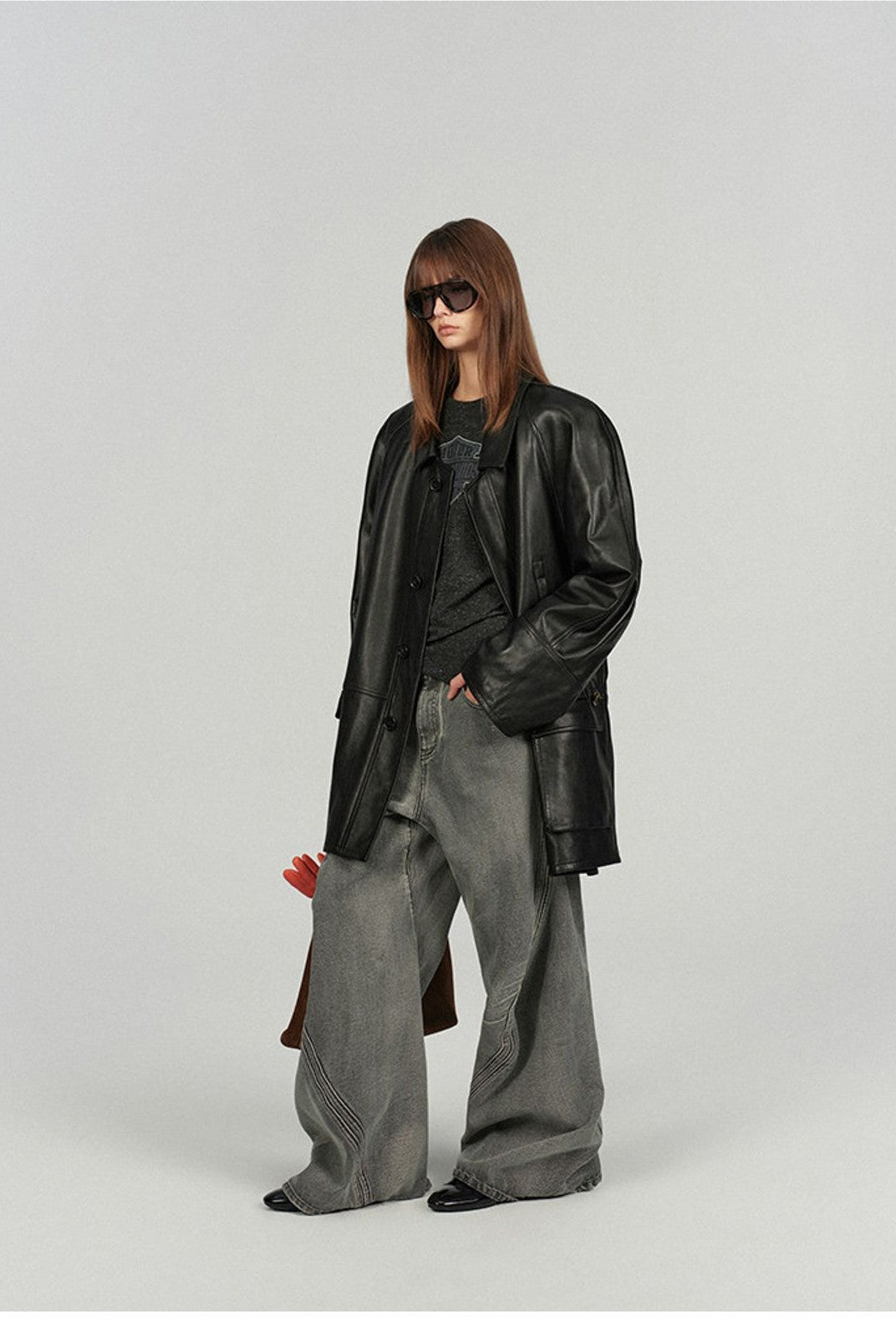 ACSENSE STUDIO Slouchy Padded Leather Coat in Black - On Model