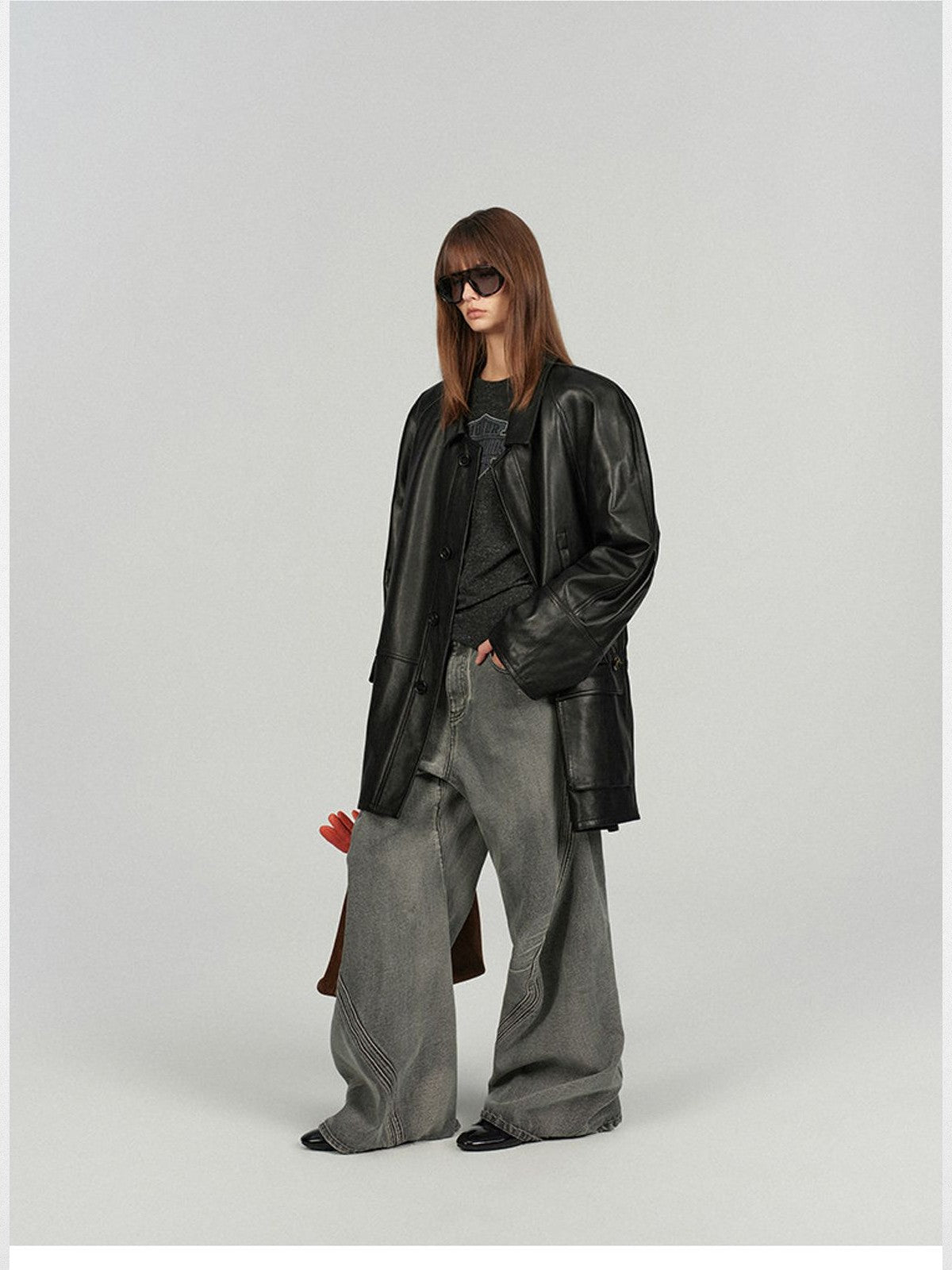 ACSENSE STUDIO Slouchy Padded Leather Coat in Black - On Model